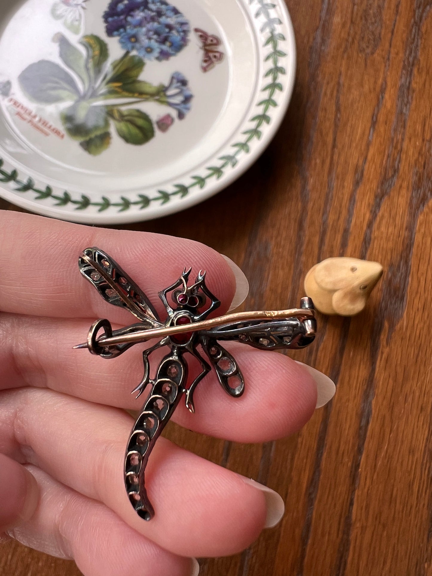 DRAGONFLY Big French Antique Victorian Figural Pin Pendant 1 Carat Rose Old Mine Cut DIAMOND Ruby 18k Gold Silver Figural Belle Epoque 1 Ctw