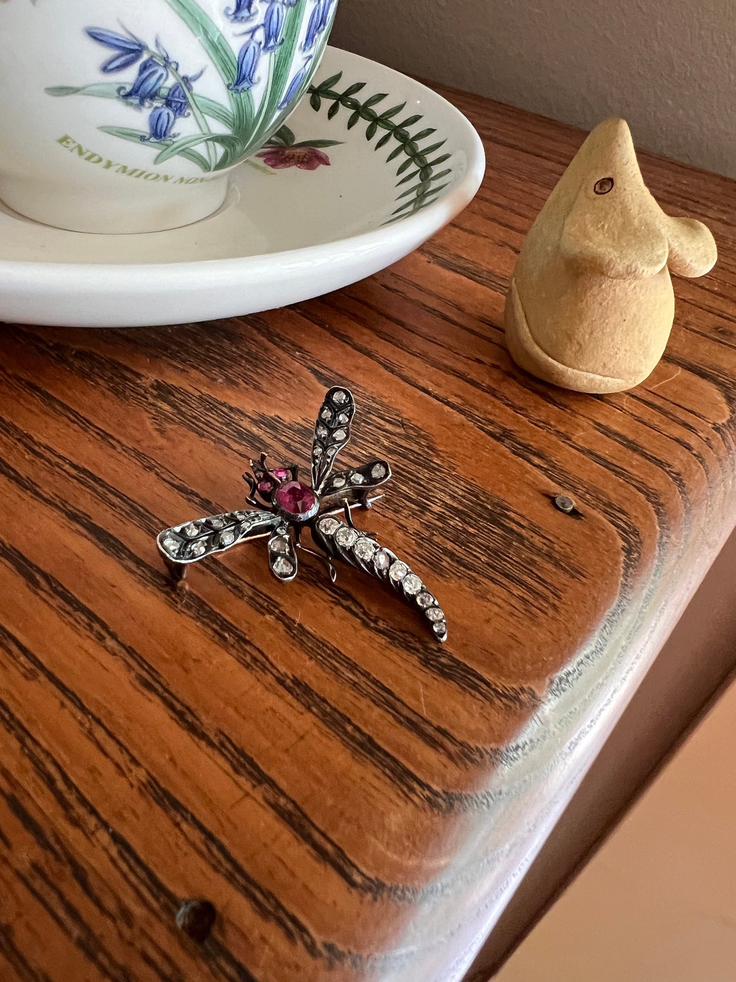 DRAGONFLY Big French Antique Victorian Figural Pin Pendant 1 Carat Rose Old Mine Cut DIAMOND Ruby 18k Gold Silver Figural Belle Epoque 1 Ctw