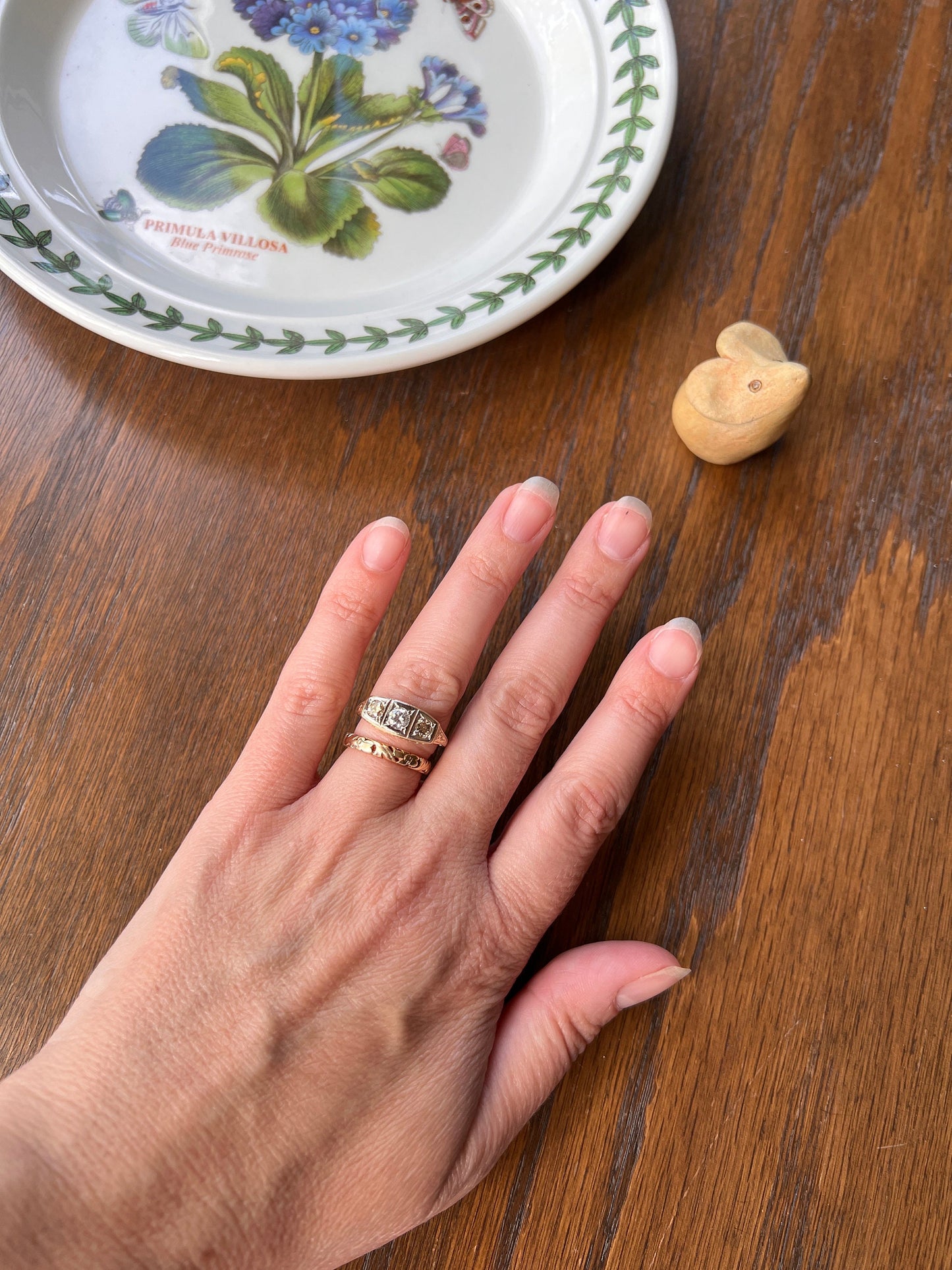 CHAMPAGNE, Colorless & Fancy BROWN Three Stone DIAMOND Ring 14k Yellow Gold Forget Me Not Flowers Vintage Art Deco Wide Band Stacker Gift