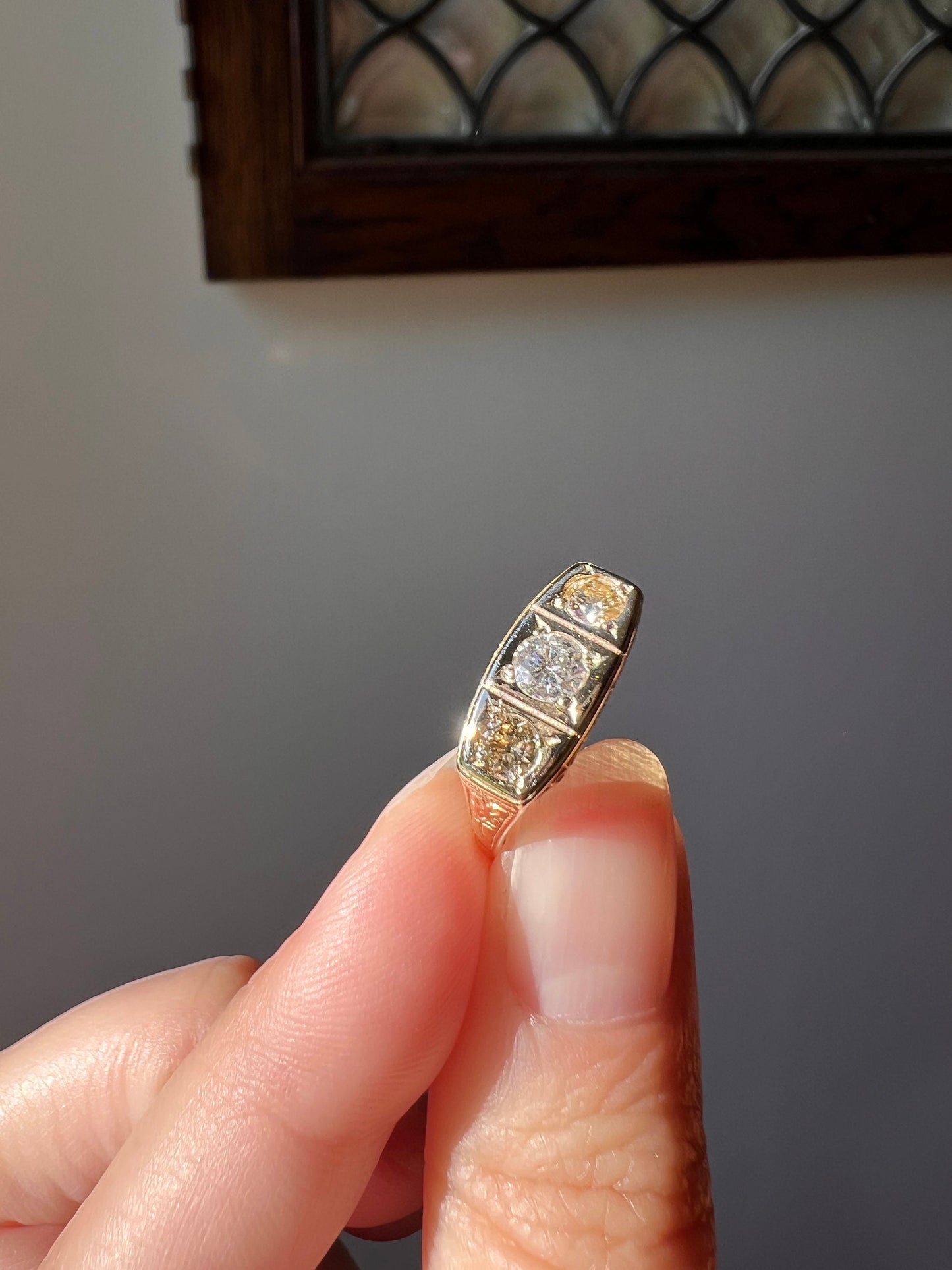 CHAMPAGNE, Colorless & Fancy BROWN Three Stone DIAMOND Ring 14k Yellow Gold Forget Me Not Flowers Vintage Art Deco Wide Band Stacker Gift