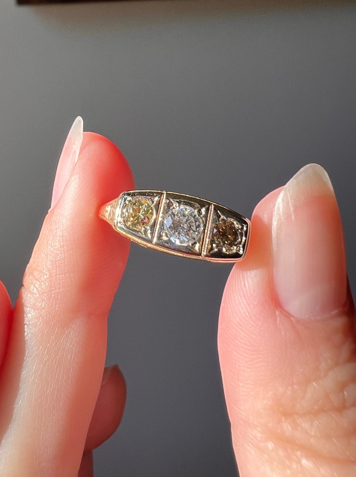 CHAMPAGNE, Colorless & Fancy BROWN Three Stone DIAMOND Ring 14k Yellow Gold Forget Me Not Flowers Vintage Art Deco Wide Band Stacker Gift