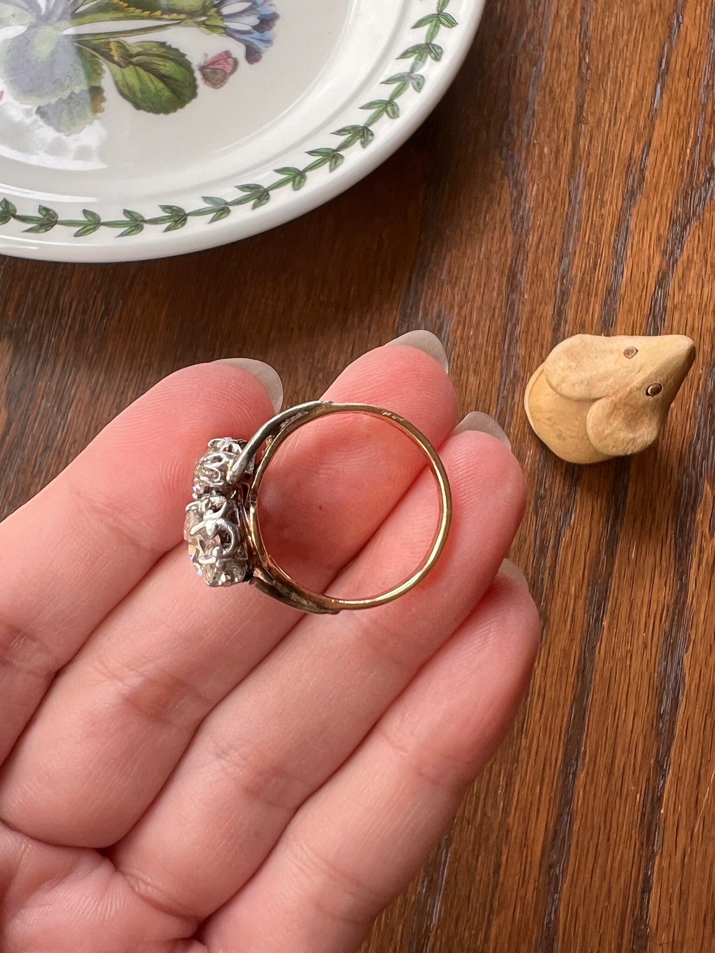 Toi et Moi 2 CARAT Old Mine Cut DIAMOND Two Stone Antique Ring 18k Gold Angled Band Stacker French Belle Epoque Romantic Gift OMC 2Ctw Crown