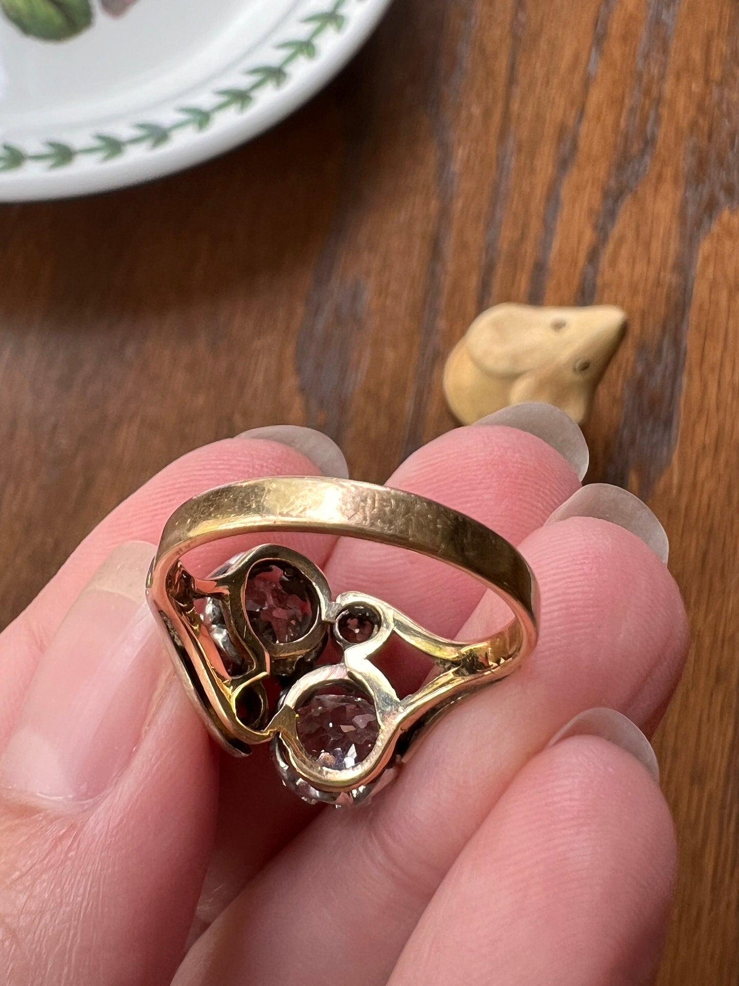 Toi et Moi 2 CARAT Old Mine Cut DIAMOND Two Stone Antique Ring 18k Gold Angled Band Stacker French Belle Epoque Romantic Gift OMC 2Ctw Crown