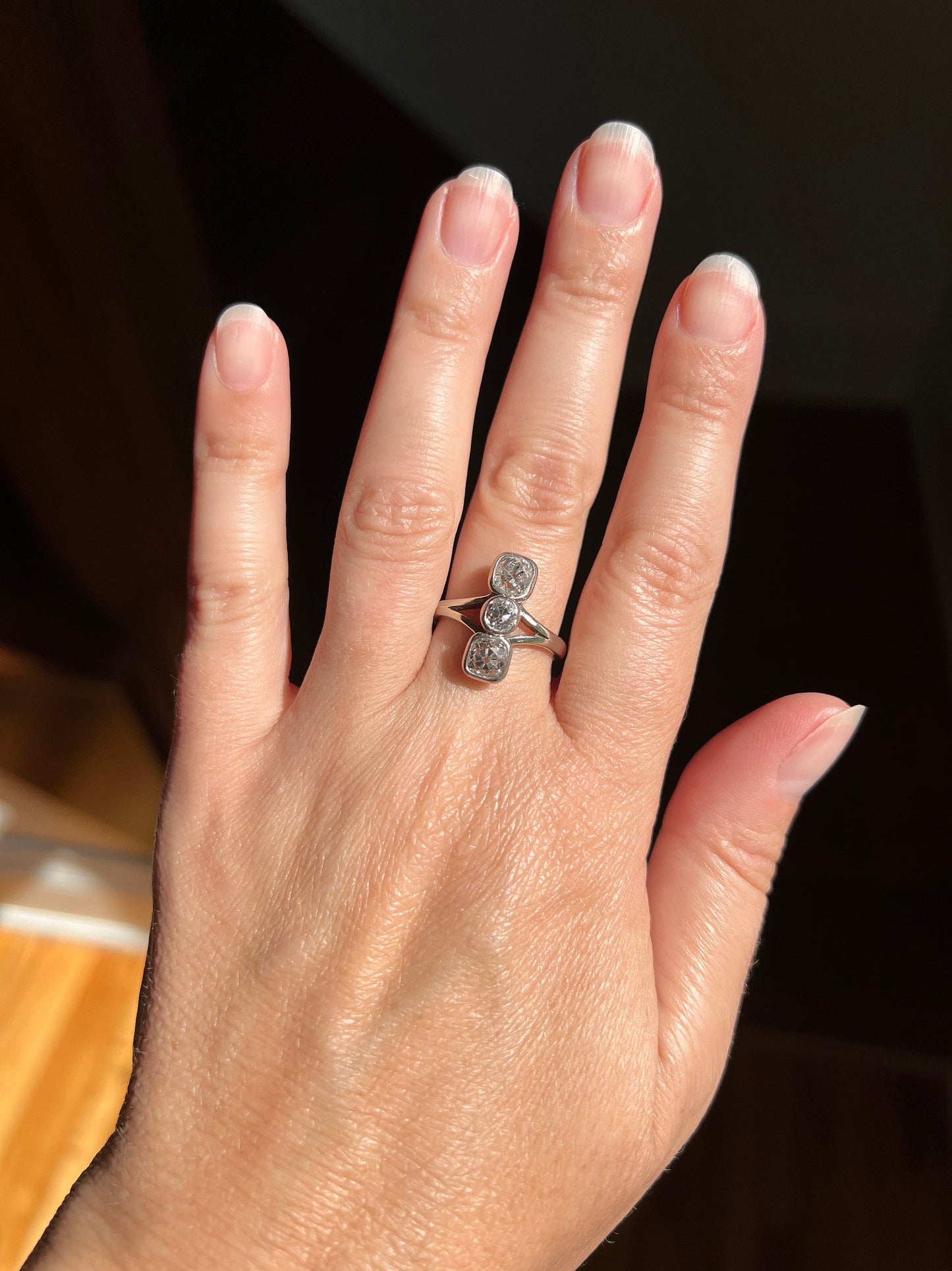 Three Stone 1.75 CARAT Old Mine Cut DIAMOND French Antique 18k White Gold Ring Stacker Belle Epoque Romantic Gift OMC Art Deco 1 3/4 1.75Ctw