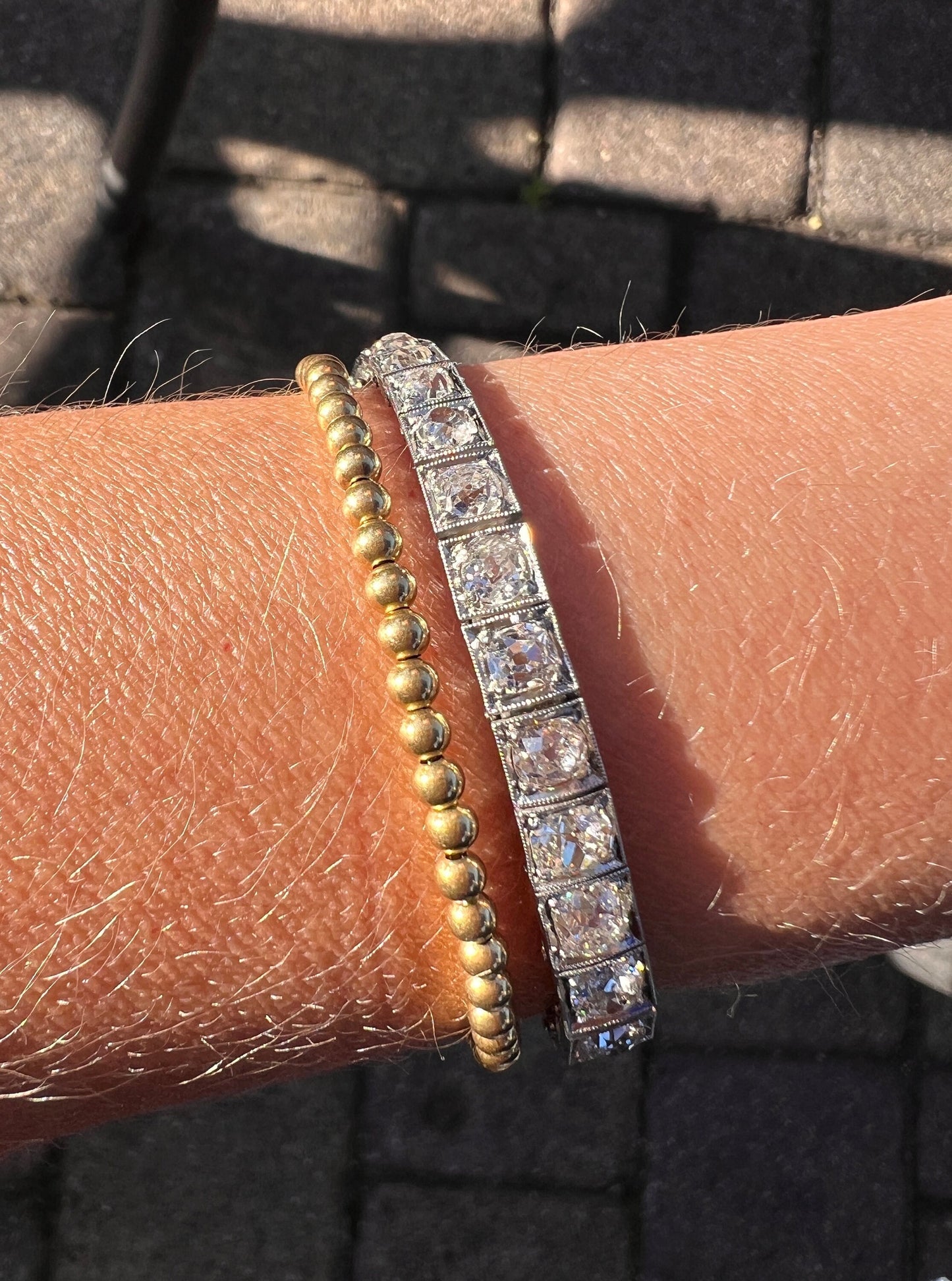 Antique 8 CARAT 32 Old Mine Cut DIAMOND Line Bracelet PLATINUM French Edwardian Geometric Engraved Wriststack Belle Epoque OmC Tennis 8Ctw