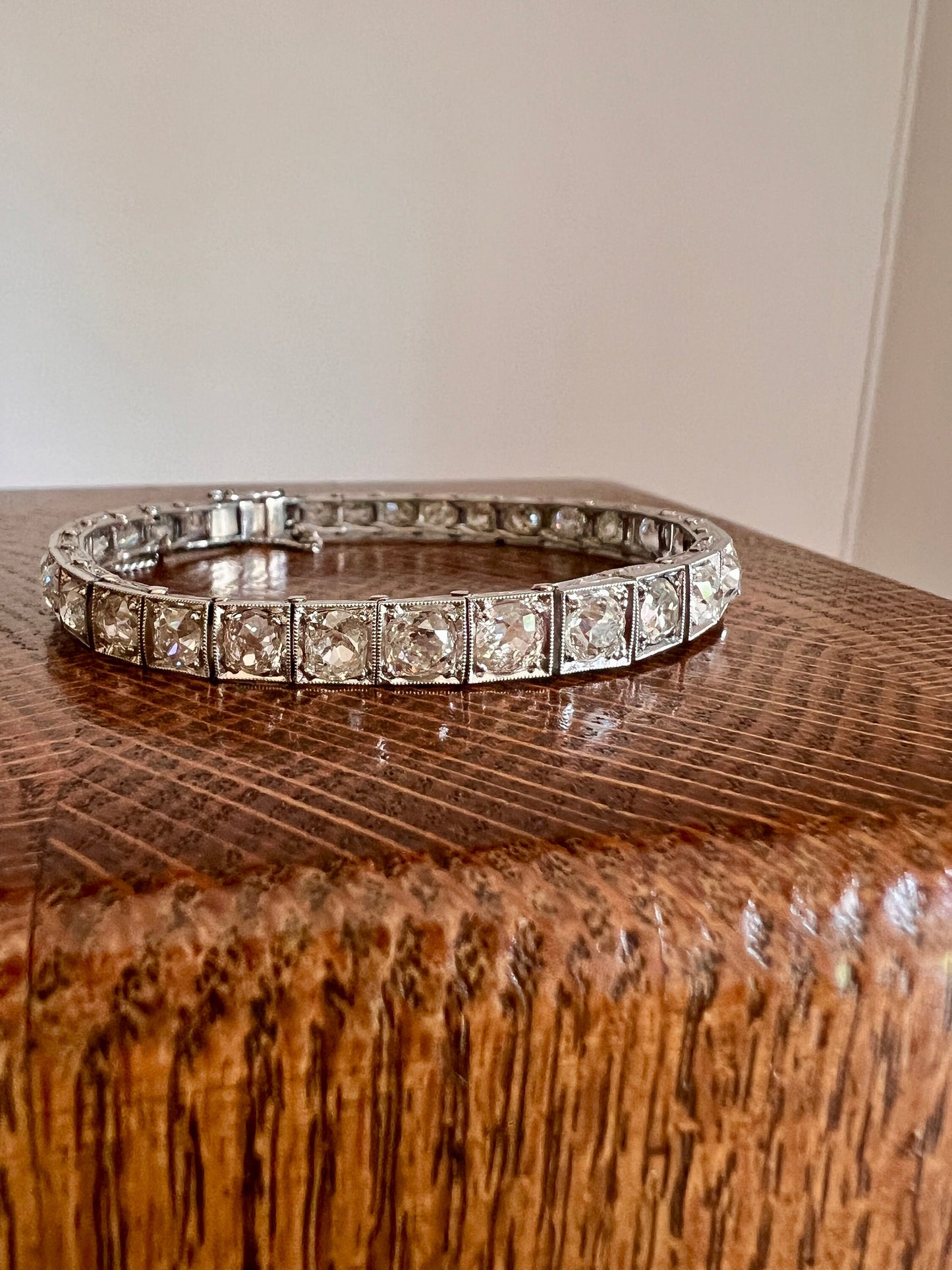 Antique 8 CARAT 32 Old Mine Cut DIAMOND Line Bracelet PLATINUM French Edwardian Geometric Engraved Wriststack Belle Epoque OmC Tennis 8Ctw