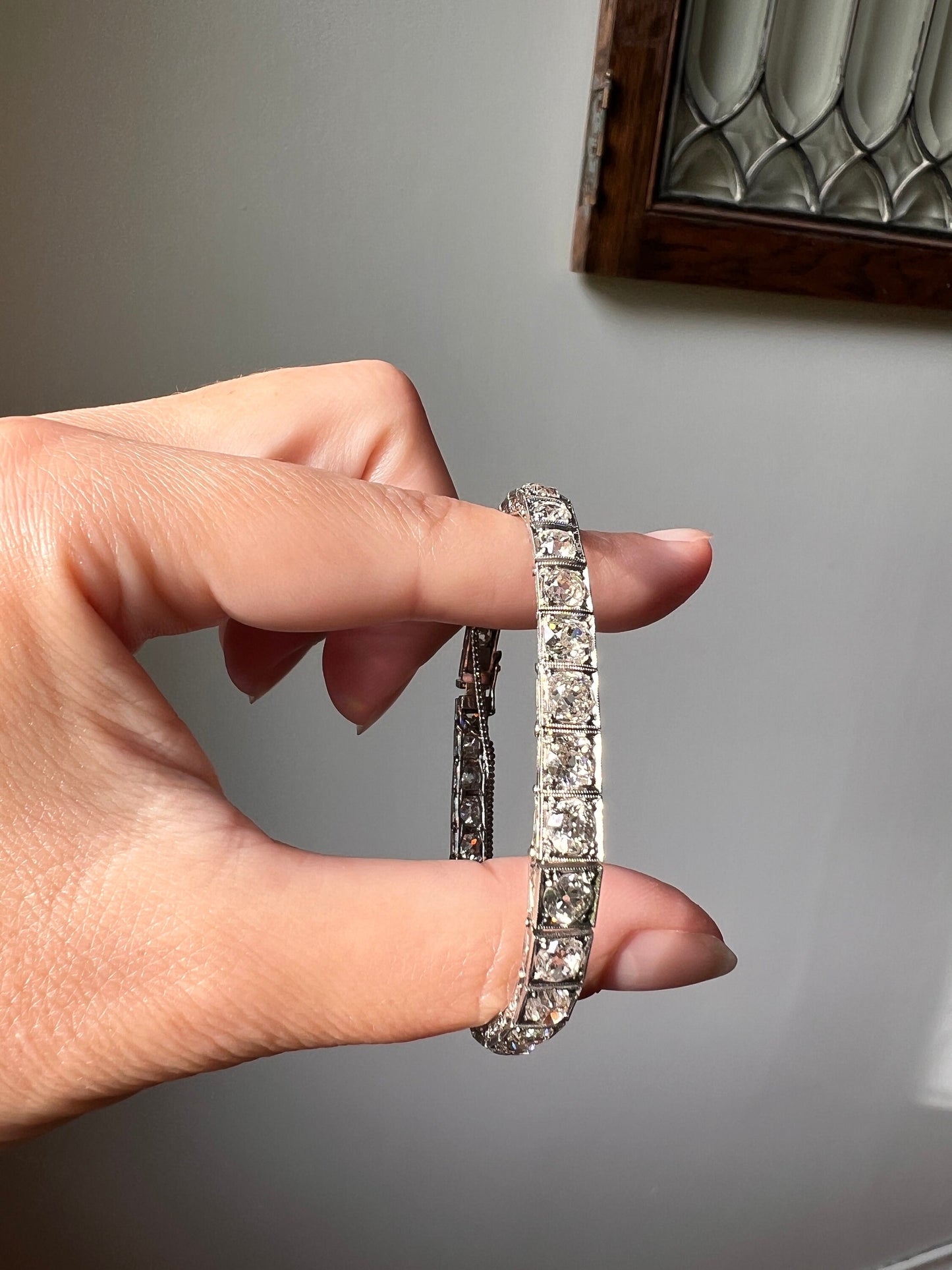 Antique 8 CARAT 32 Old Mine Cut DIAMOND Line Bracelet PLATINUM French Edwardian Geometric Engraved Wriststack Belle Epoque OmC Tennis 8Ctw