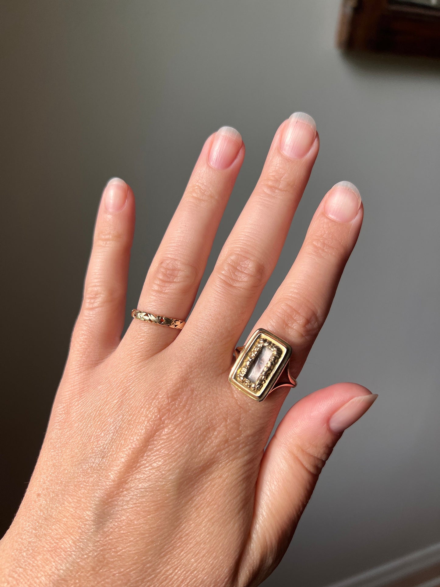 LOVER'S EYE Rare Victorian - Georgian Antique 15k Gold Ring Floral Embossed Halo Rectangle Chunky Locket Face Romantic Gift Collectible 14k