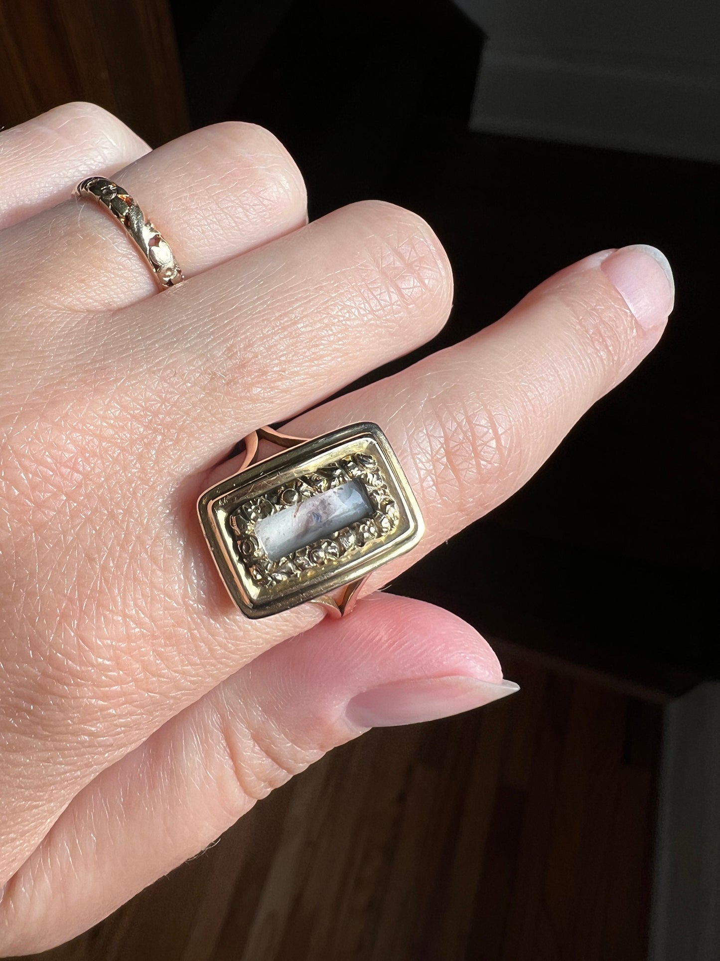 LOVER'S EYE Rare Victorian - Georgian Antique 15k Gold Ring Floral Embossed Halo Rectangle Chunky Locket Face Romantic Gift Collectible 14k
