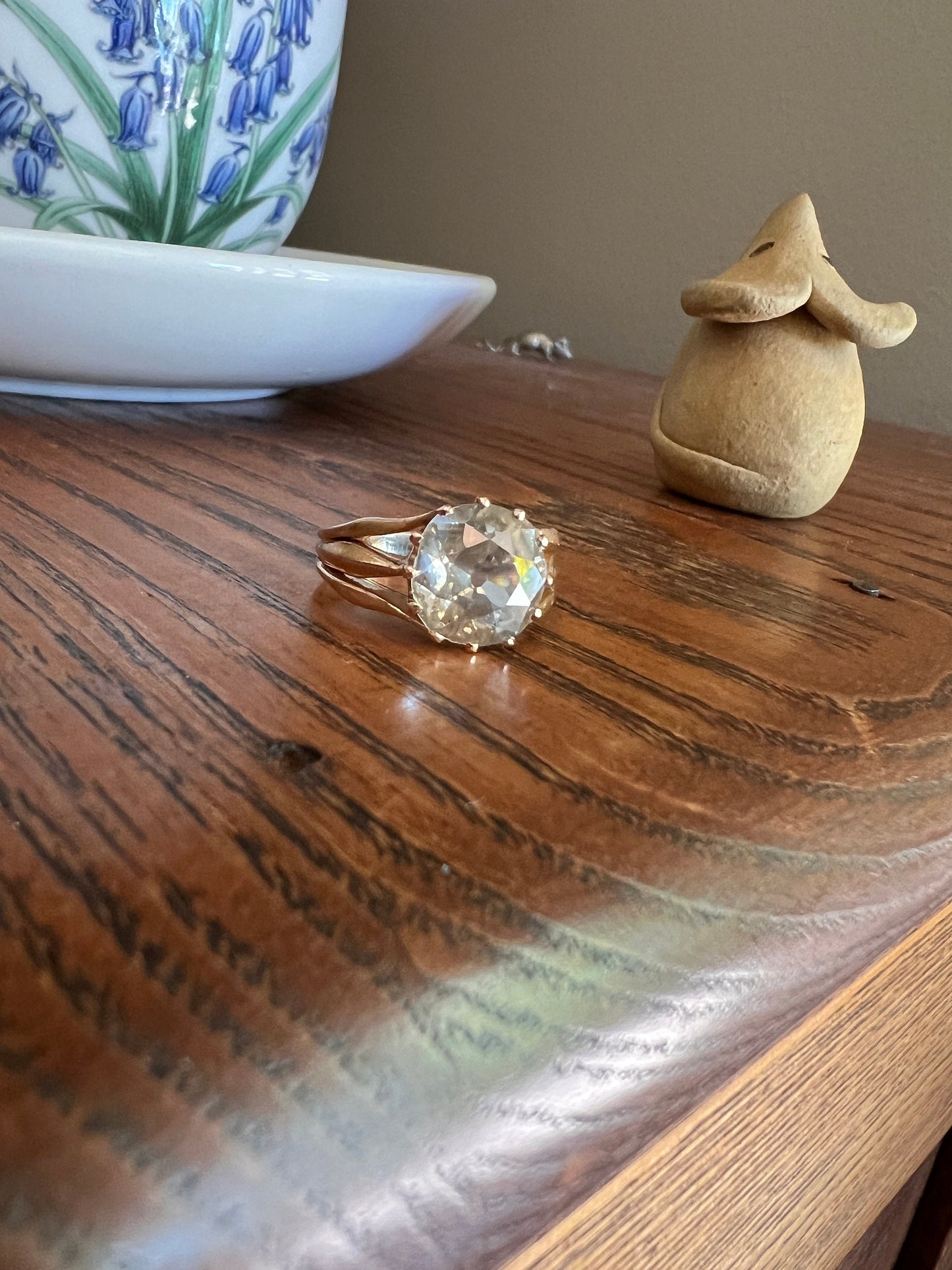 ANTIQUE Large 2.5 Carat Old European Cut DIAMOND Solitaire Ring Pale Yellow Light Brown 18k Rose Gold c1900 Victorian French Belle Epoque