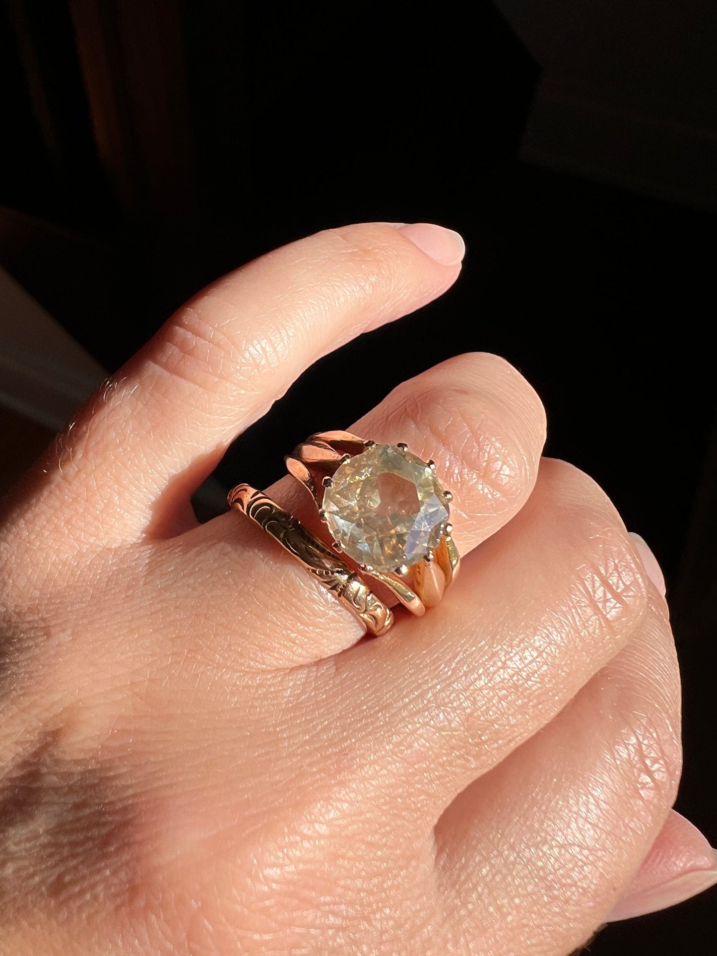 ANTIQUE Large 2.5 Carat Old European Cut DIAMOND Solitaire Ring Pale Yellow Light Brown 18k Rose Gold c1900 Victorian French Belle Epoque