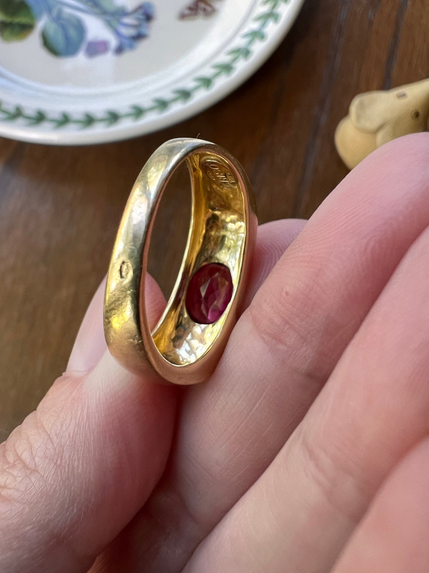Chunky VINTAGE Purple GARNET Gypsy Ring 6.2g 18k Gold Solid Square Top Band Stacker Romantic Gift Geometric Tall Rectangular Unisex Man or