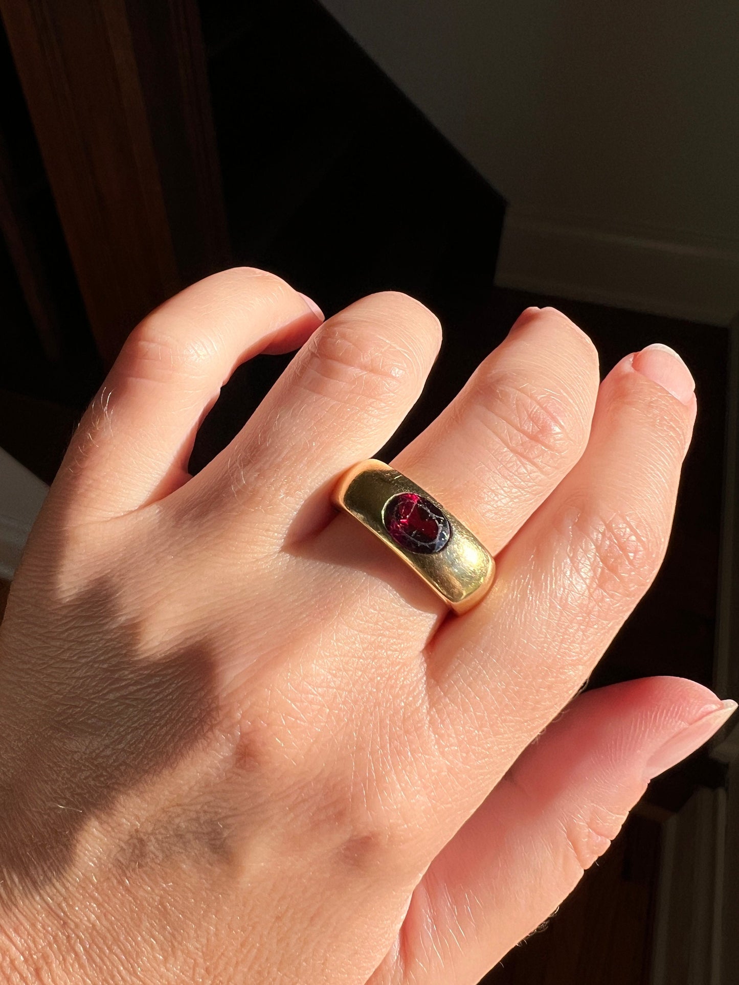 Chunky VINTAGE Purple GARNET Gypsy Ring 6.2g 18k Gold Solid Square Top Band Stacker Romantic Gift Geometric Tall Rectangular Unisex Man or