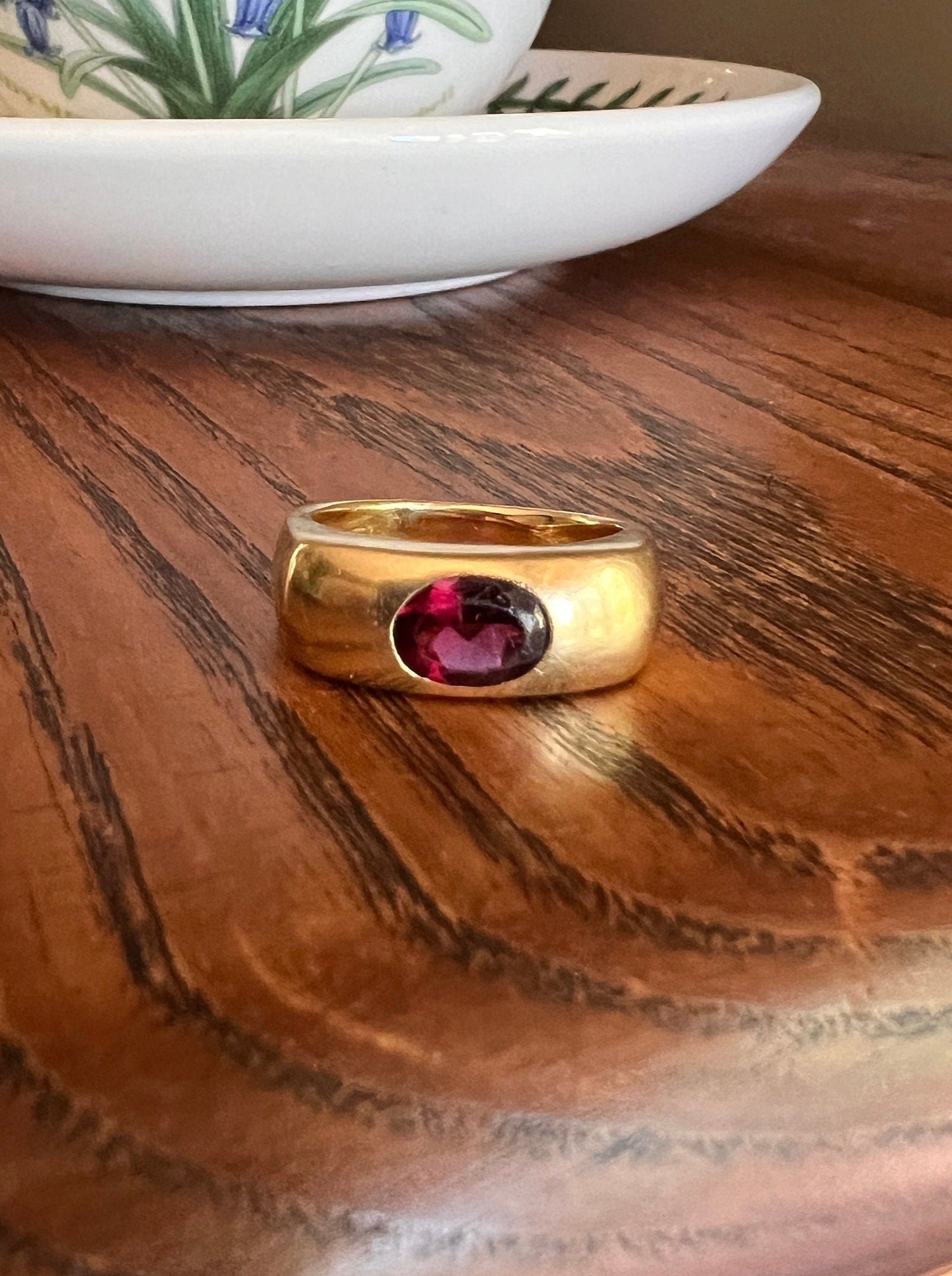 Chunky VINTAGE Purple GARNET Gypsy Ring 6.2g 18k Gold Solid Square Top Band Stacker Romantic Gift Geometric Tall Rectangular Unisex Man or
