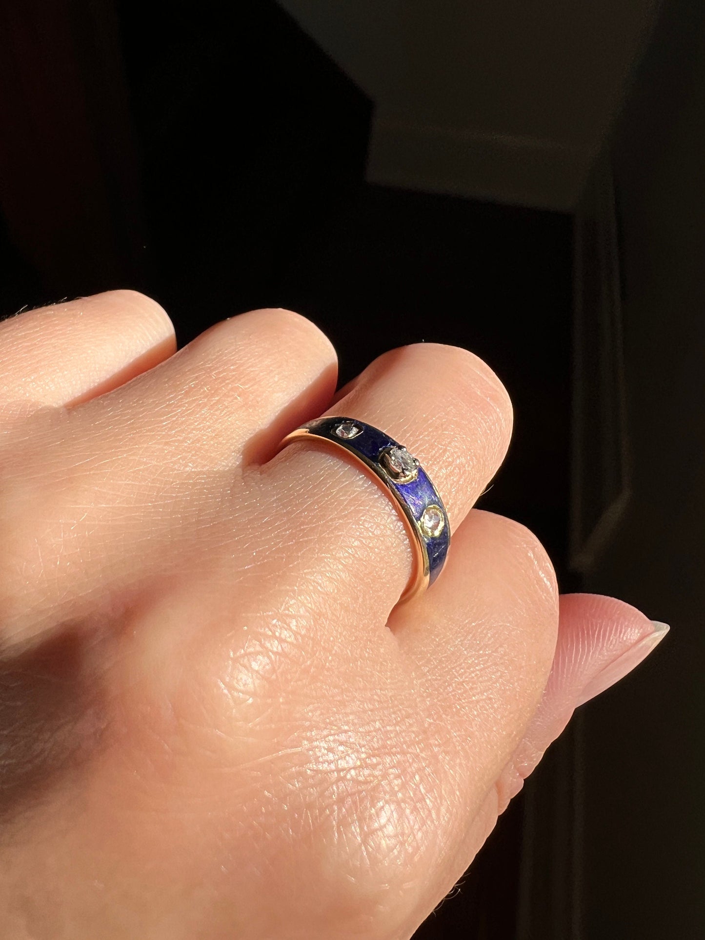 DATED 1902 Blue Enamel Single & Rose Cut DIAMOND Three Stone Band 18k Gold Solid Stacker Victorian Romantic Gift Skinny Ringstack