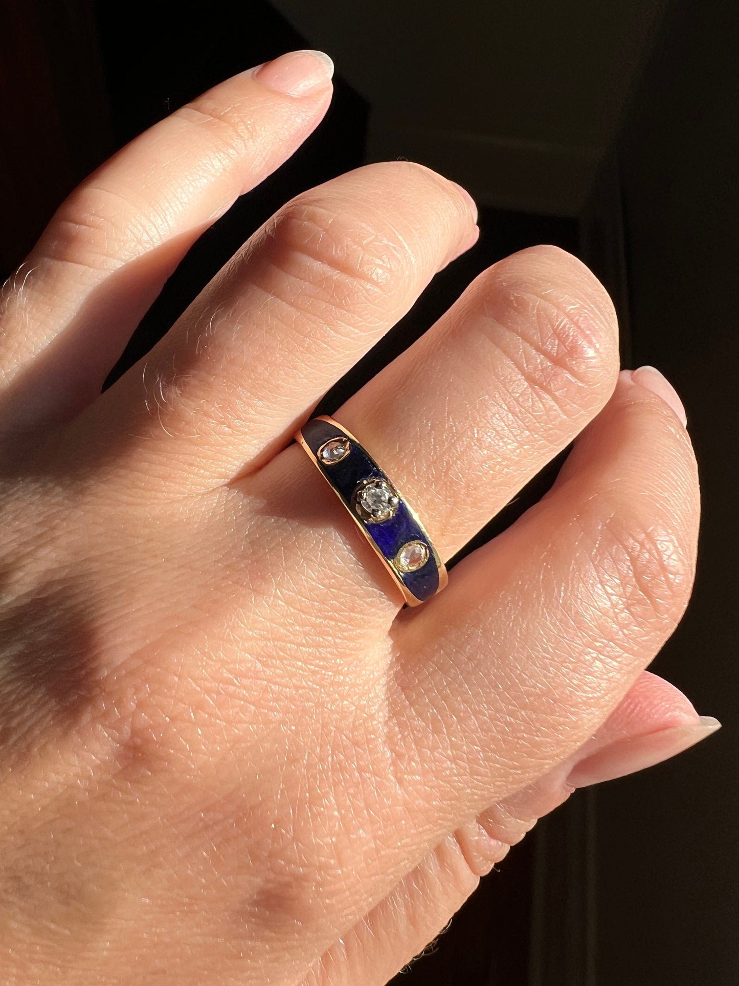 DATED 1902 Blue Enamel Single & Rose Cut DIAMOND Three Stone Band 18k Gold Solid Stacker Victorian Romantic Gift Skinny Ringstack