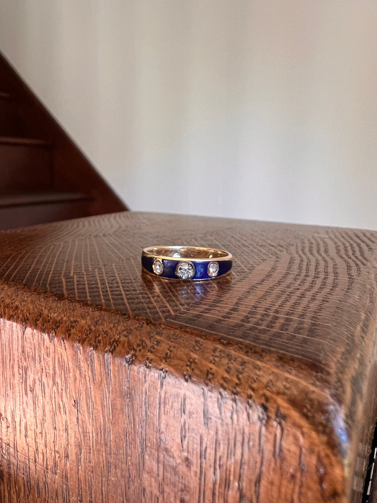 DATED 1902 Blue Enamel Single & Rose Cut DIAMOND Three Stone Band 18k Gold Solid Stacker Victorian Romantic Gift Skinny Ringstack