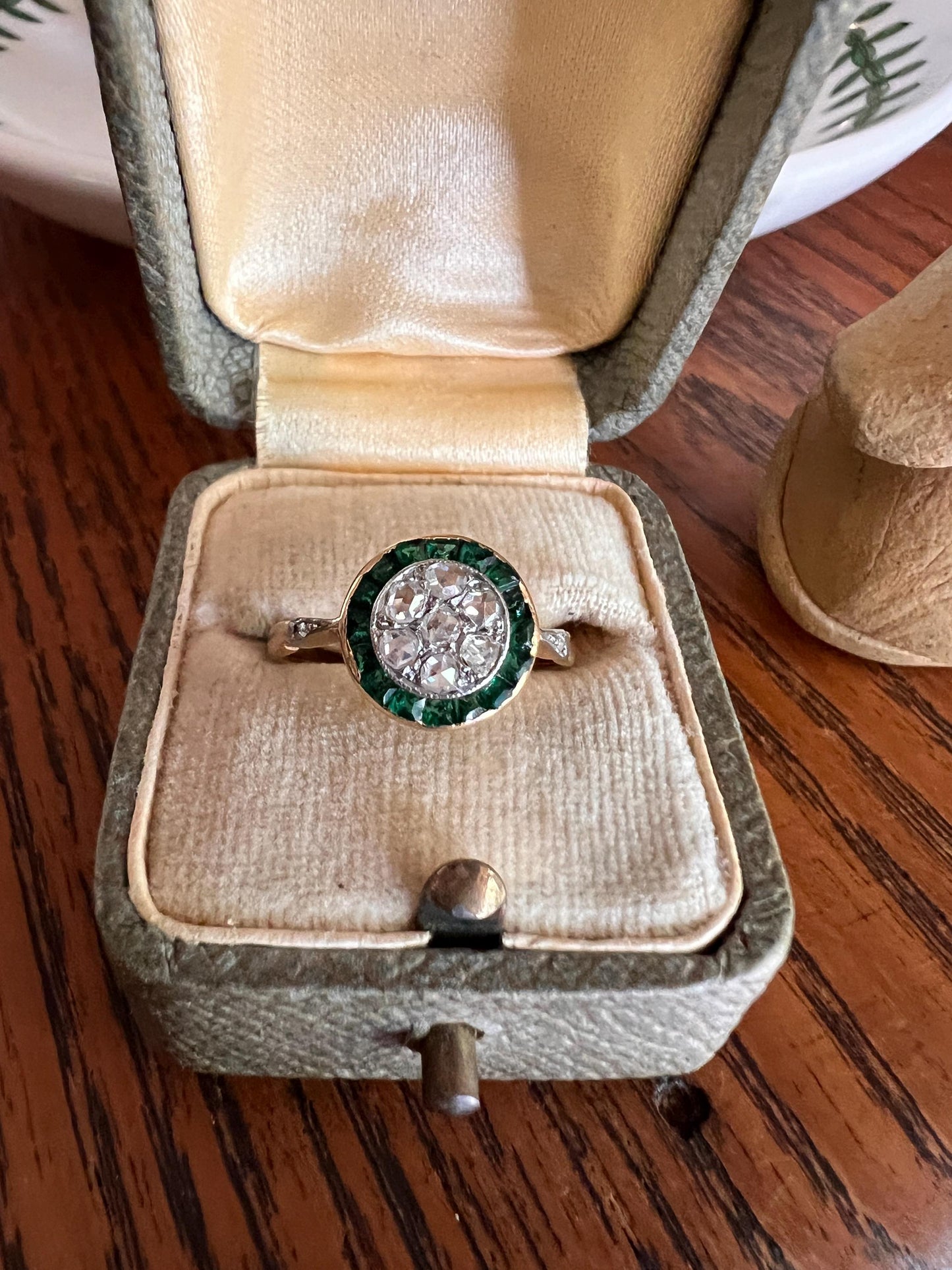 Antique Rose Cut Diamond Carre EMERALD Halo Ring Bullseye Target Geometric French 18k Gold Platinum Gift Stacker Green Sparkle Belle Epoque