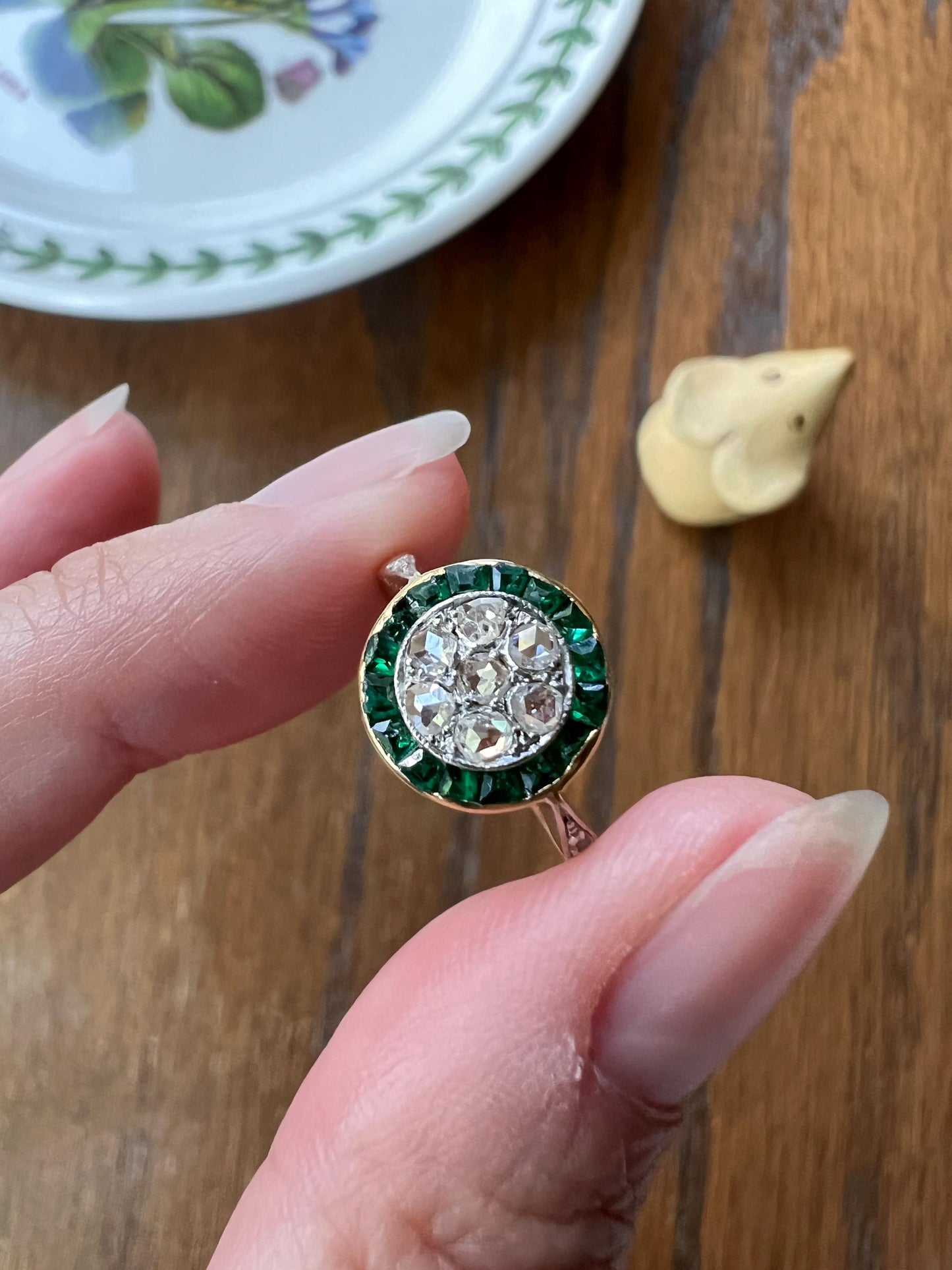 Antique Rose Cut Diamond Carre EMERALD Halo Ring Bullseye Target Geometric French 18k Gold Platinum Gift Stacker Green Sparkle Belle Epoque
