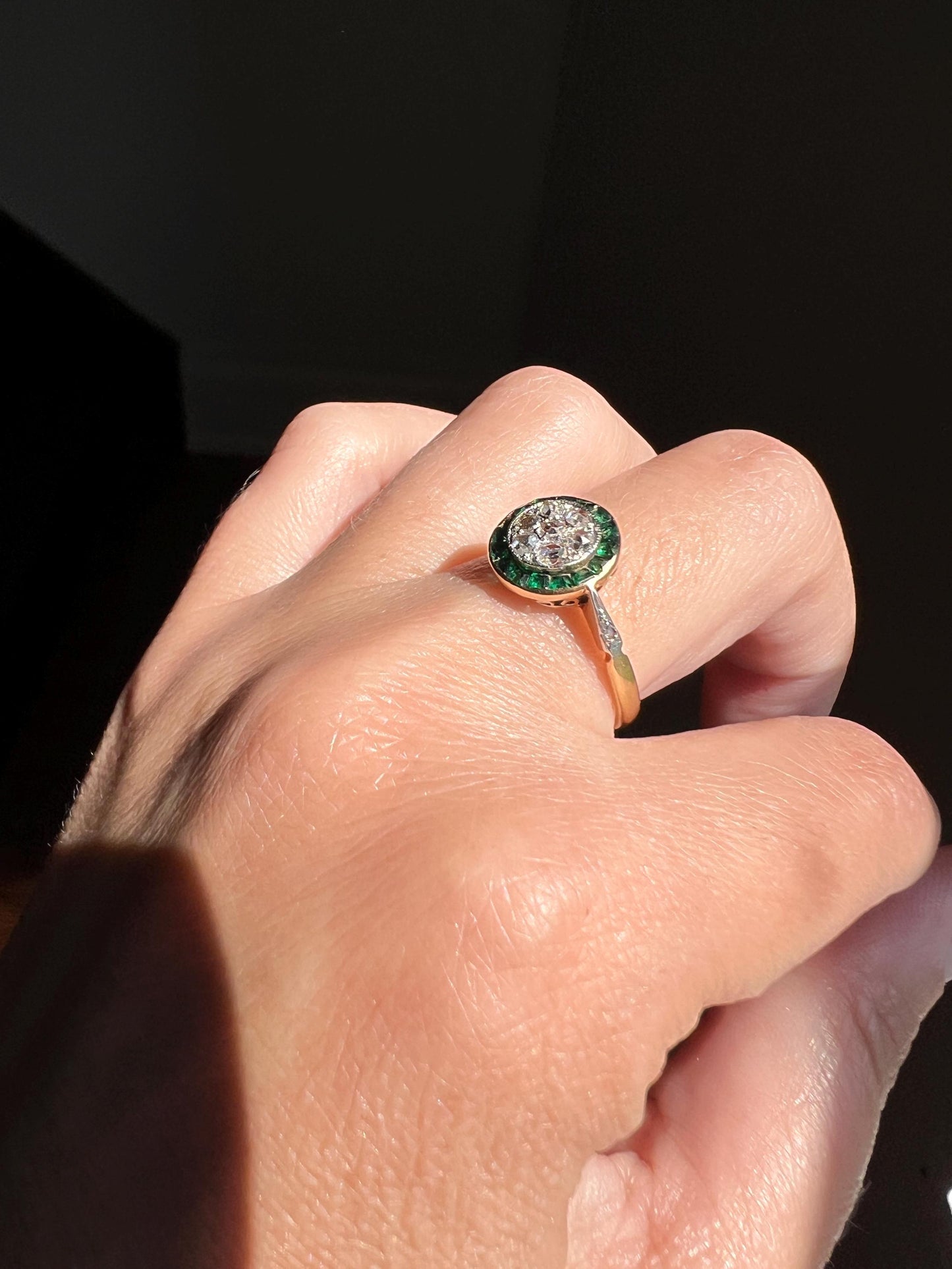 Antique Rose Cut Diamond Carre EMERALD Halo Ring Bullseye Target Geometric French 18k Gold Platinum Gift Stacker Green Sparkle Belle Epoque