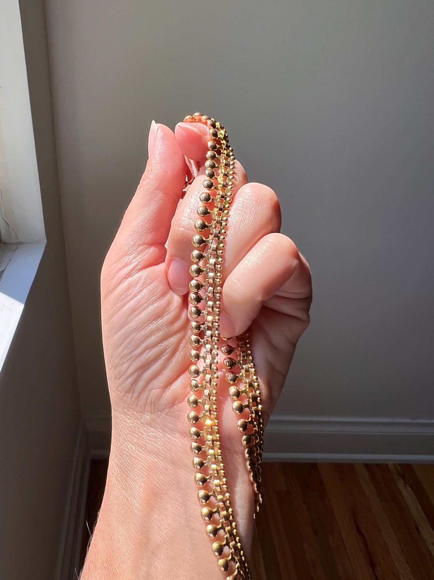 Ball RIVET Shimmering French Antique 22g 18k GOLD Bead Solid Rosy Book Chain Necklace 10m Wide 16" Neckmess Neckstack Victorian Era Hallmark