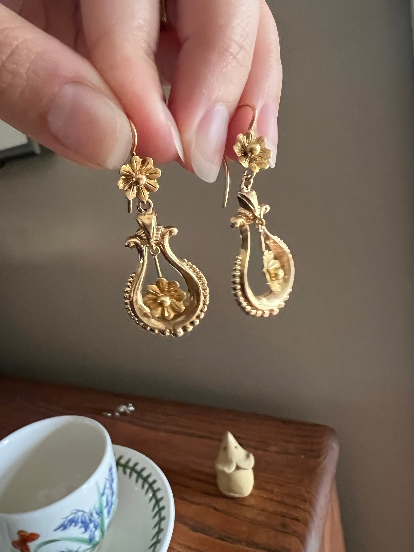 Floral Ball Rivet Dangle Earrings Teardrop FRENCH Regional Antique 18k GOLD Victorian Gift Belle Epoque Bridal Something Old Romantic Gift
