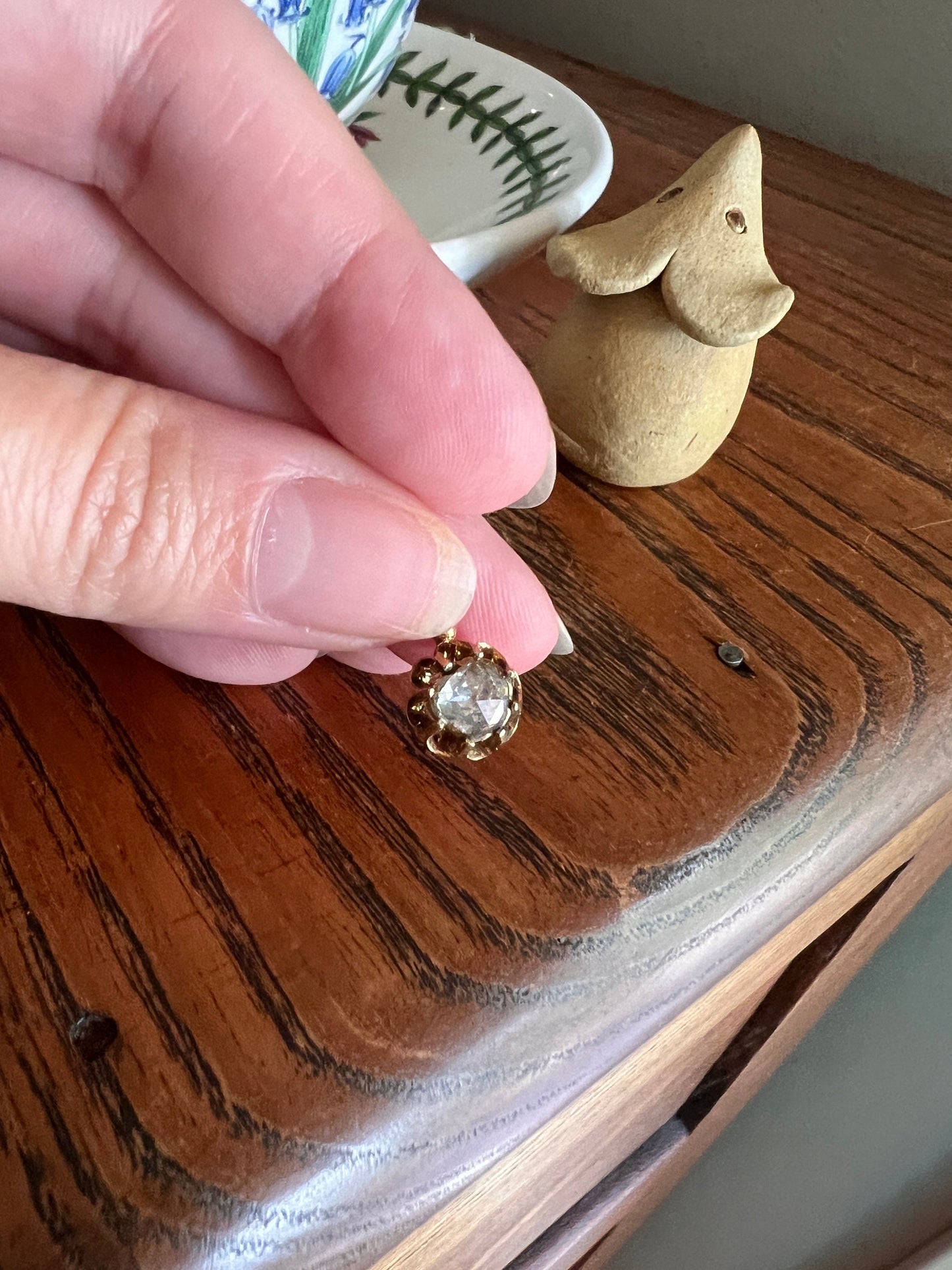 Rose Cut DIAMOND Drop Pendant 18k Gold Solid Crown Prong Domed Foil Back Dainty Solitaire French Georgian Victorian Necklace Charm Love Gift