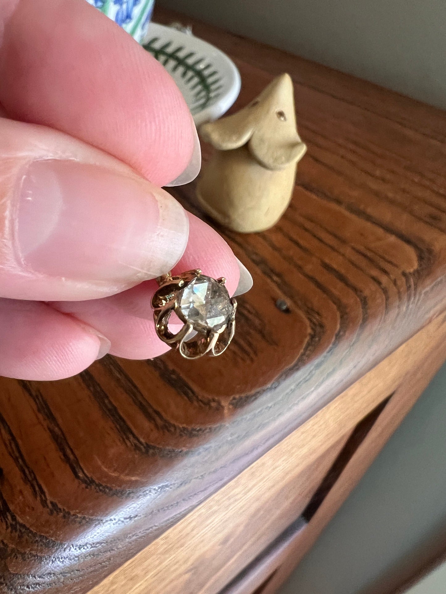 Rose Cut DIAMOND Drop Pendant 18k Gold Solid Crown Prong Domed Foil Back Dainty Solitaire French Georgian Victorian Necklace Charm Love Gift