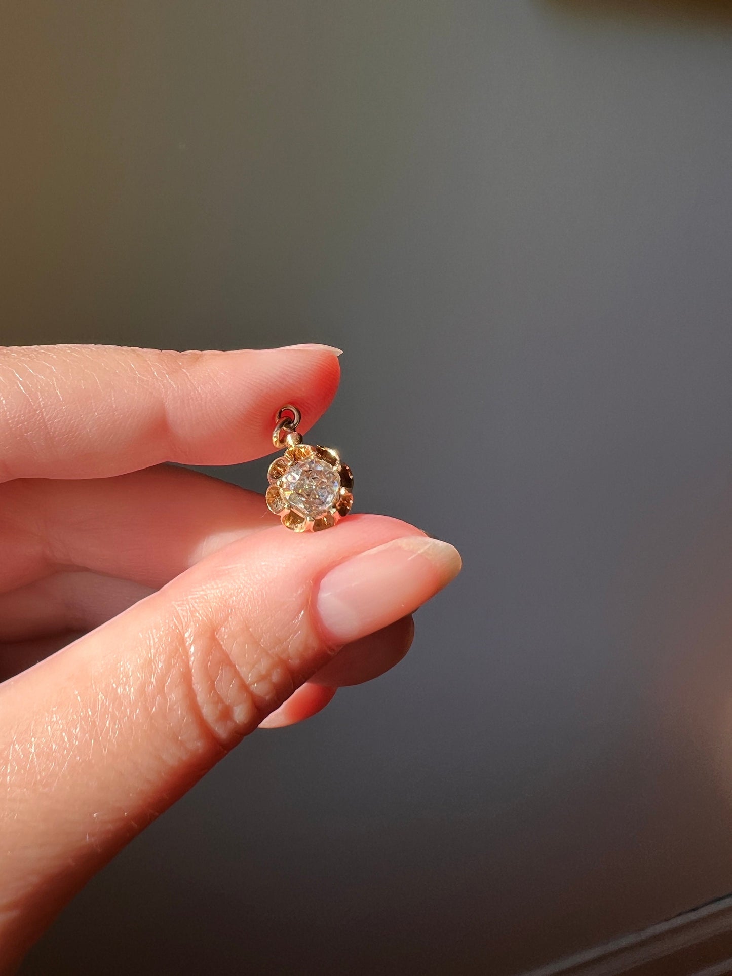 Rose Cut DIAMOND Drop Pendant 18k Gold Solid Crown Prong Domed Foil Back Dainty Solitaire French Georgian Victorian Necklace Charm Love Gift