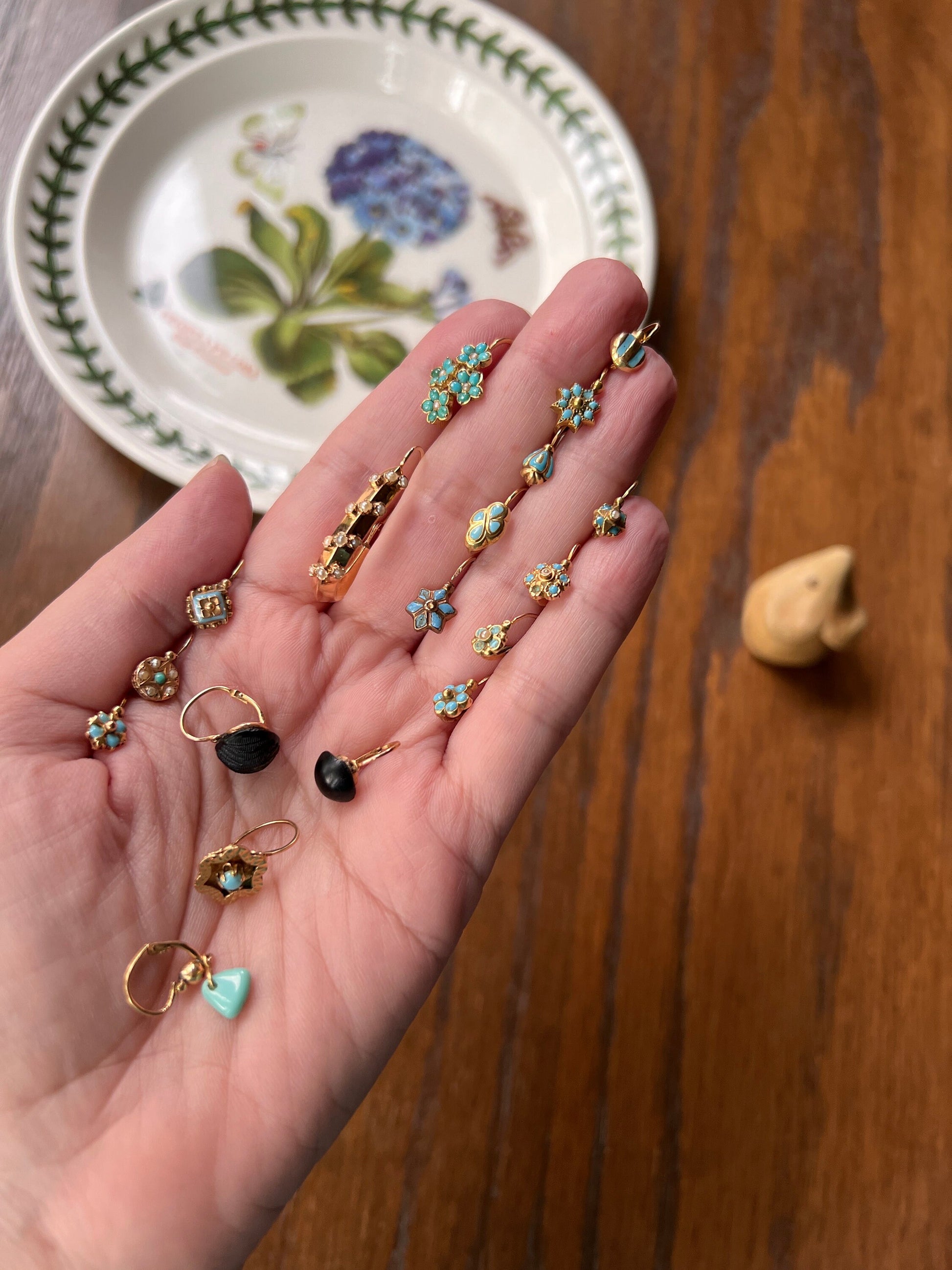 Floral Forget Me Not Antique Blue Enamel VICTORIAN Dainty SINGLE Earring French Dormeuse 18k Gold Minimalist Mix Match Something Old Bridal