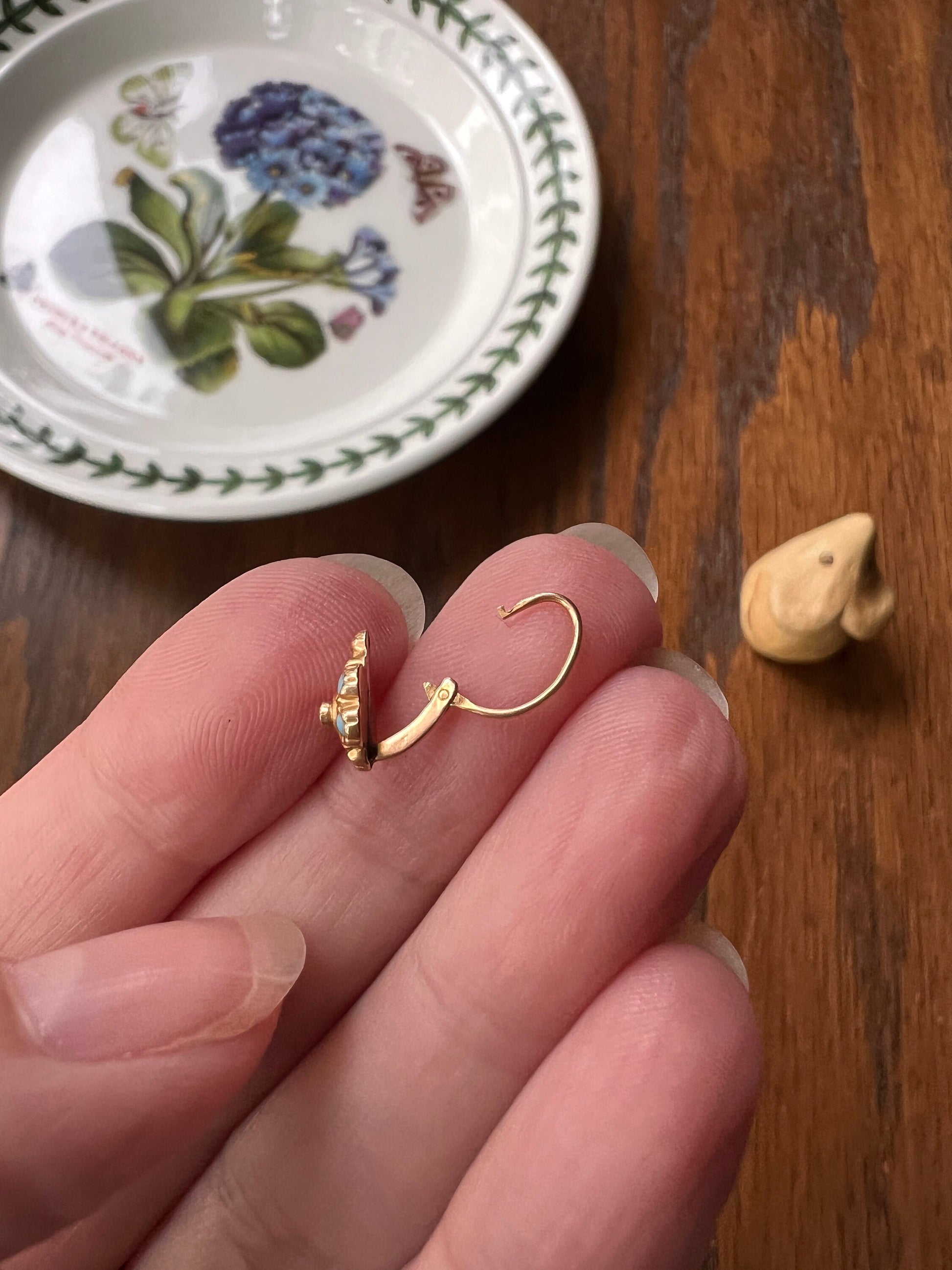 Floral Forget Me Not Antique Blue Enamel VICTORIAN Dainty SINGLE Earring French Dormeuse 18k Gold Minimalist Mix Match Something Old Bridal
