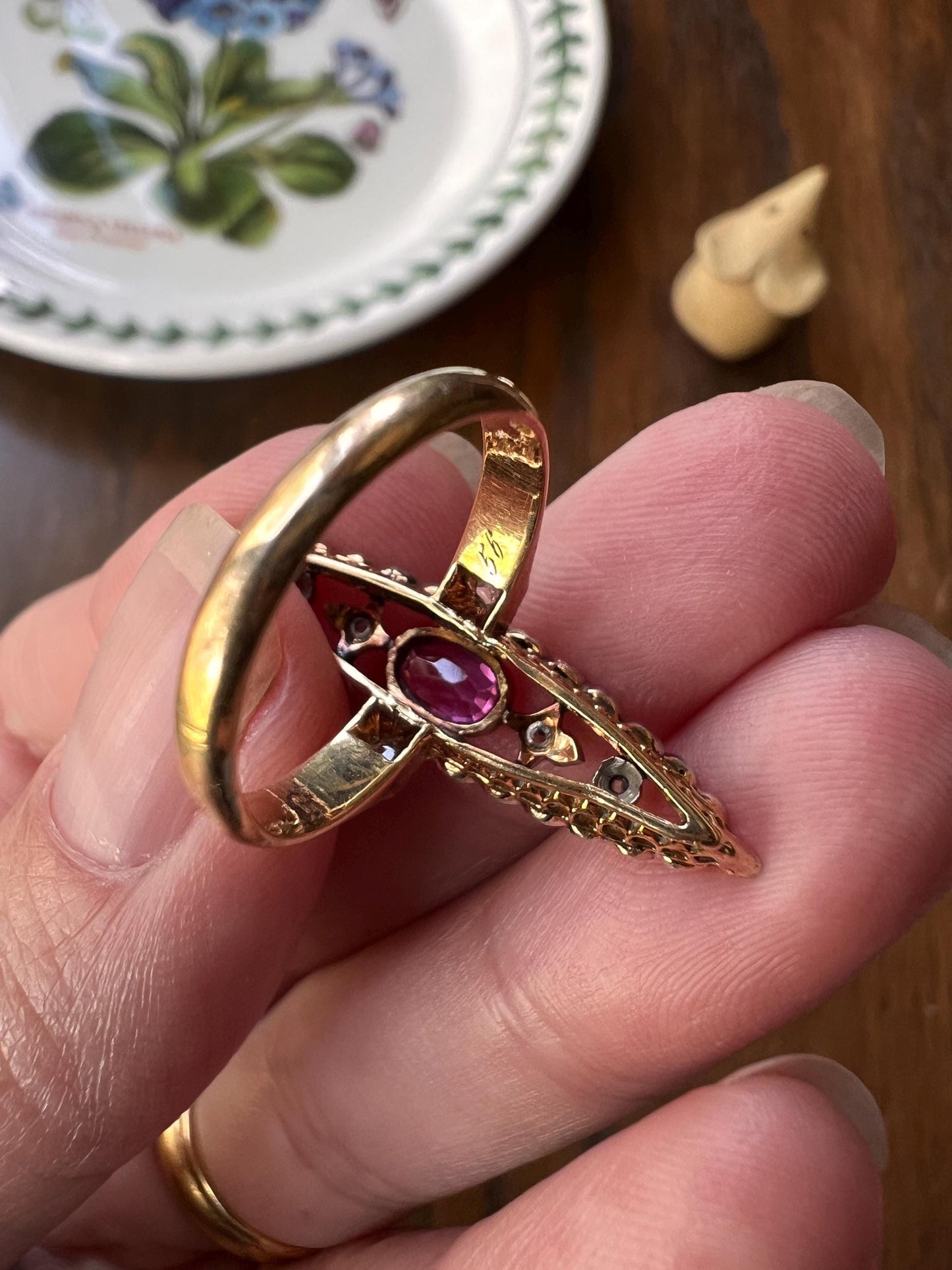 Art NOUVEAU Antique FRENCH Rose Cut Diamond RUBY Skinny Navette Ring 14k 18k Gold Belle Epoque Romantic Gift Pink Red Ornate Filigree Drama