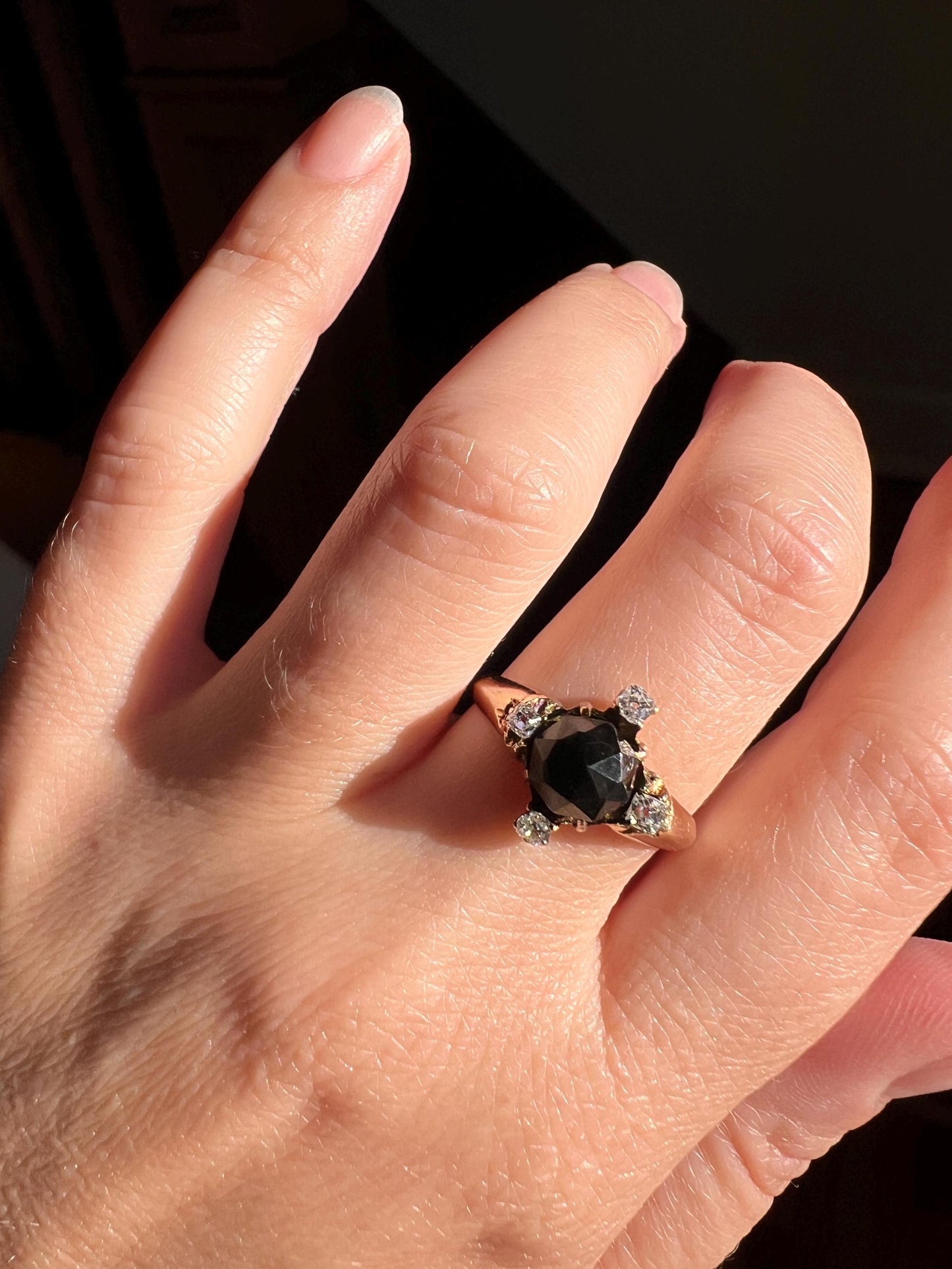 TALL Faceted Dome Onyx Old Mine Cut DIAMOND Cruciform Victorian Ring 14k Gold Stacker Romantic Gift A+ Ring Butt Geometric 3D Chunky Black