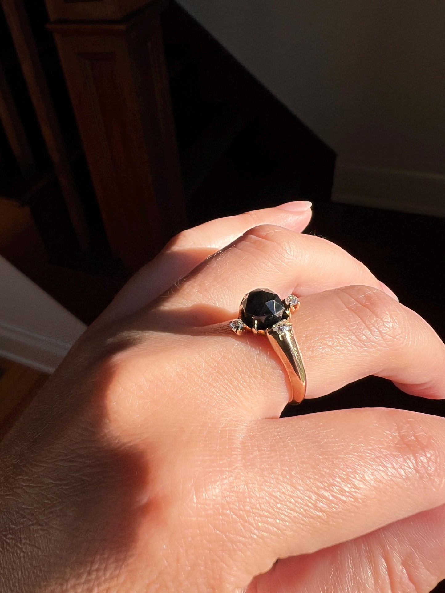 TALL Faceted Dome Onyx Old Mine Cut DIAMOND Cruciform Victorian Ring 14k Gold Stacker Romantic Gift A+ Ring Butt Geometric 3D Chunky Black
