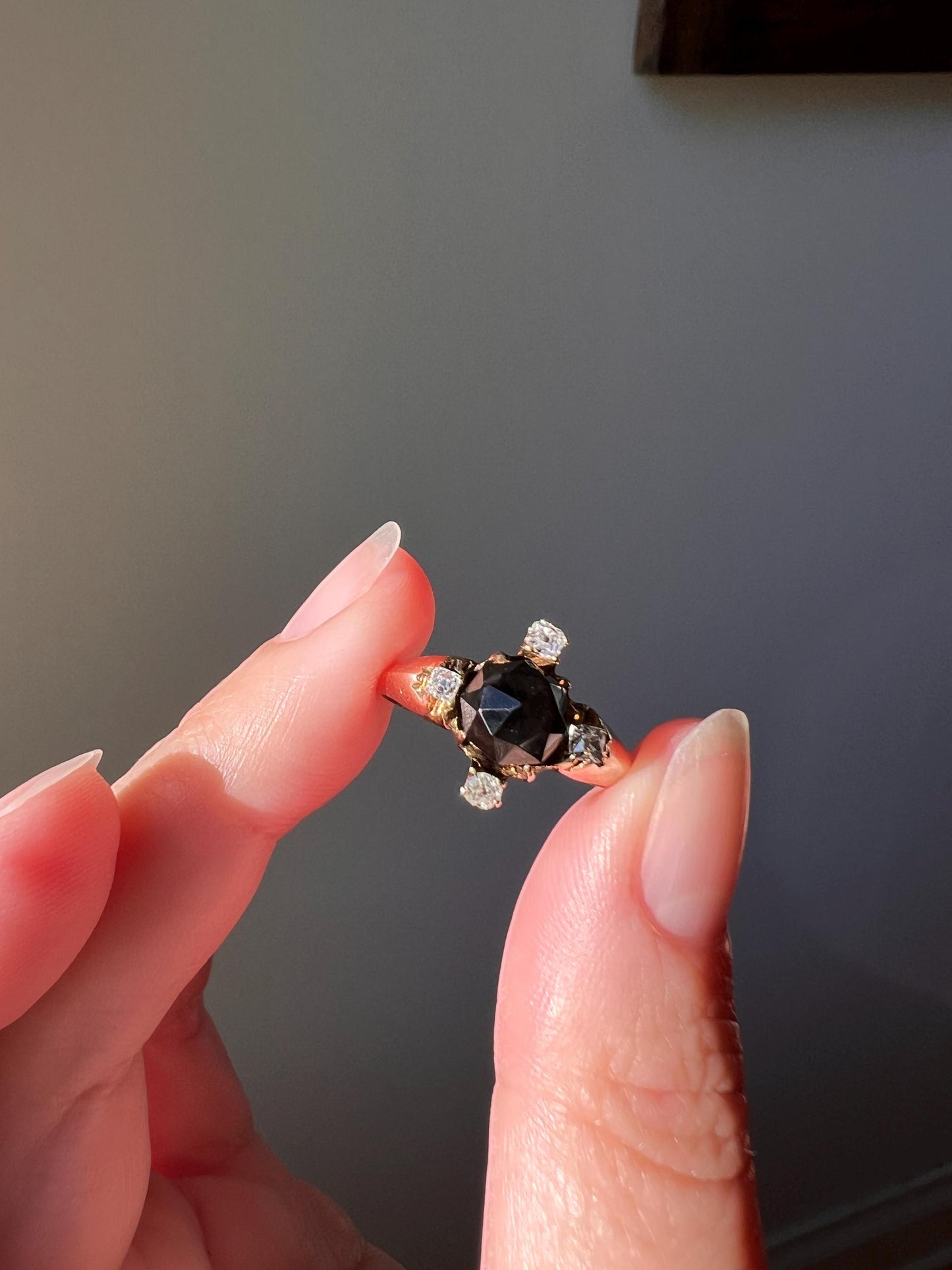TALL Faceted Dome Onyx Old Mine Cut DIAMOND Cruciform Victorian Ring 14k Gold Stacker Romantic Gift A+ Ring Butt Geometric 3D Chunky Black
