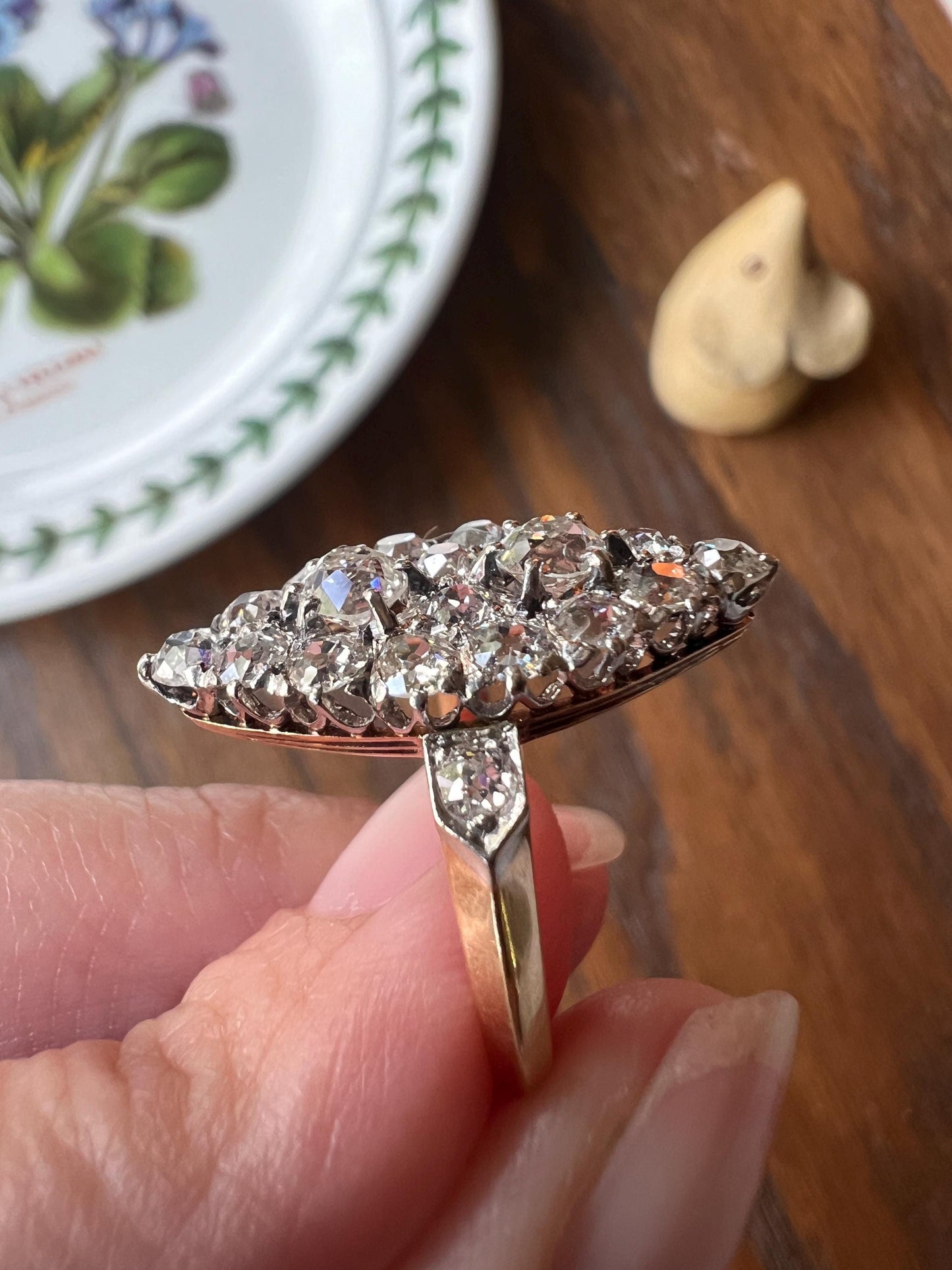 Unique Antique 1.75 Carat Old Mine Cut DIAMOND Navette Cluster Ring French 18k Gold 3D Victorian Belle Epoque Cobblestone Texture 1.75Ct OMC
