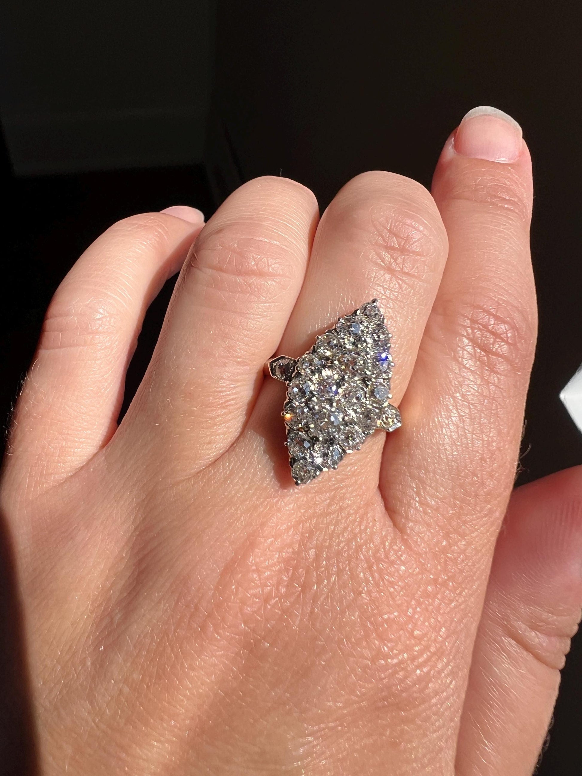 Unique Antique 1.75 Carat Old Mine Cut DIAMOND Navette Cluster Ring French 18k Gold 3D Victorian Belle Epoque Cobblestone Texture 1.75Ct OMC