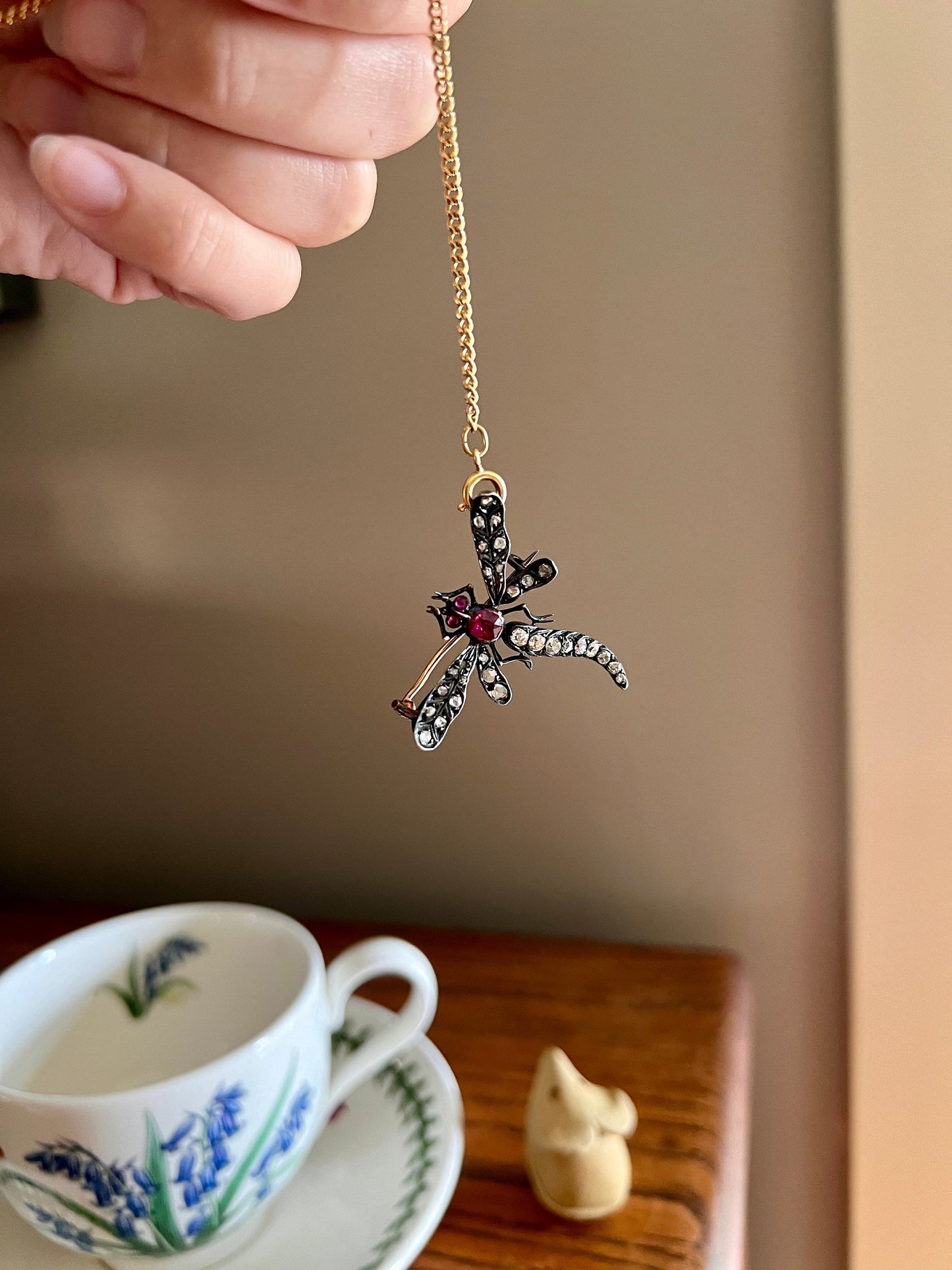 DRAGONFLY Big French Antique Victorian Figural Pin Pendant 1 Carat Rose Old Mine Cut DIAMOND Ruby 18k Gold Silver Figural Belle Epoque 1 Ctw