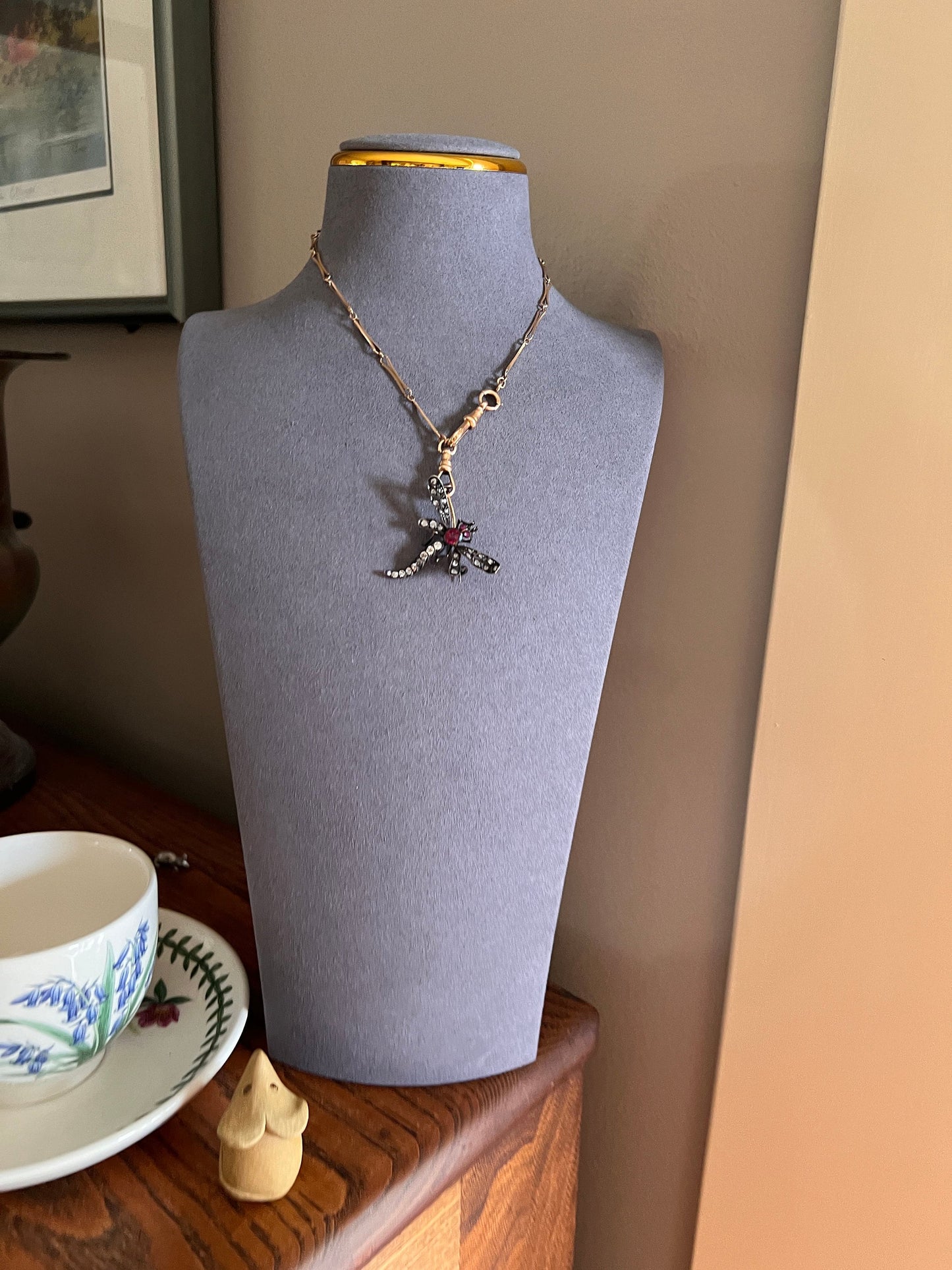 DRAGONFLY Big French Antique Victorian Figural Pin Pendant 1 Carat Rose Old Mine Cut DIAMOND Ruby 18k Gold Silver Figural Belle Epoque 1 Ctw