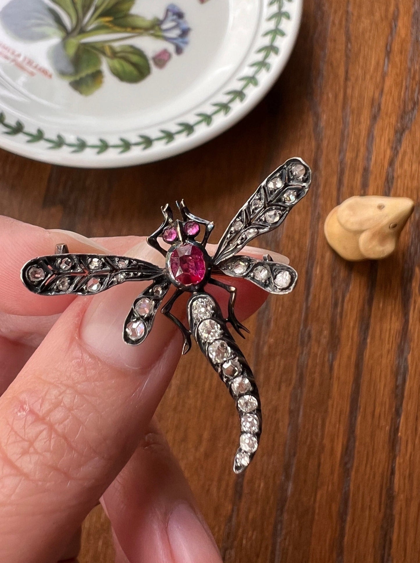 DRAGONFLY Big French Antique Victorian Figural Pin Pendant 1 Carat Rose Old Mine Cut DIAMOND Ruby 18k Gold Silver Figural Belle Epoque 1 Ctw