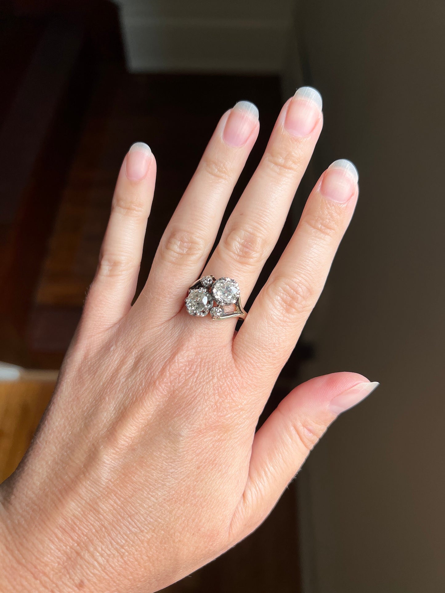 Toi et Moi 2 CARAT Old Mine Cut DIAMOND Two Stone Antique Ring 18k Gold Angled Band Stacker French Belle Epoque Romantic Gift OMC 2Ctw Crown