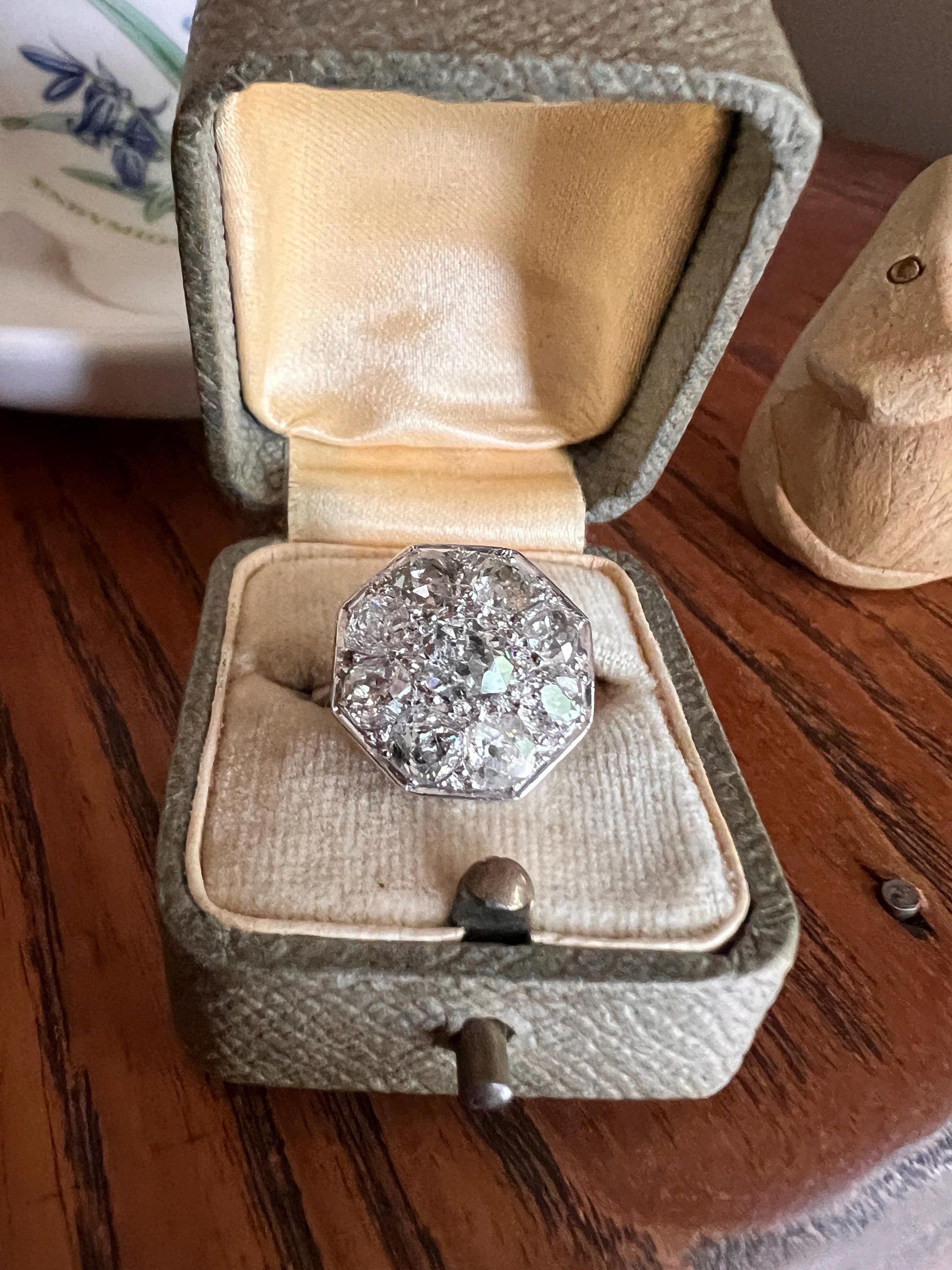 XL 2.7 Carat OCTAGON Shield French Antique PLATINUM Ring Old Mine Cut Diamonds Chunky Geometric Edwardian Cluster Romantic Gift 2.7Ctw OmC