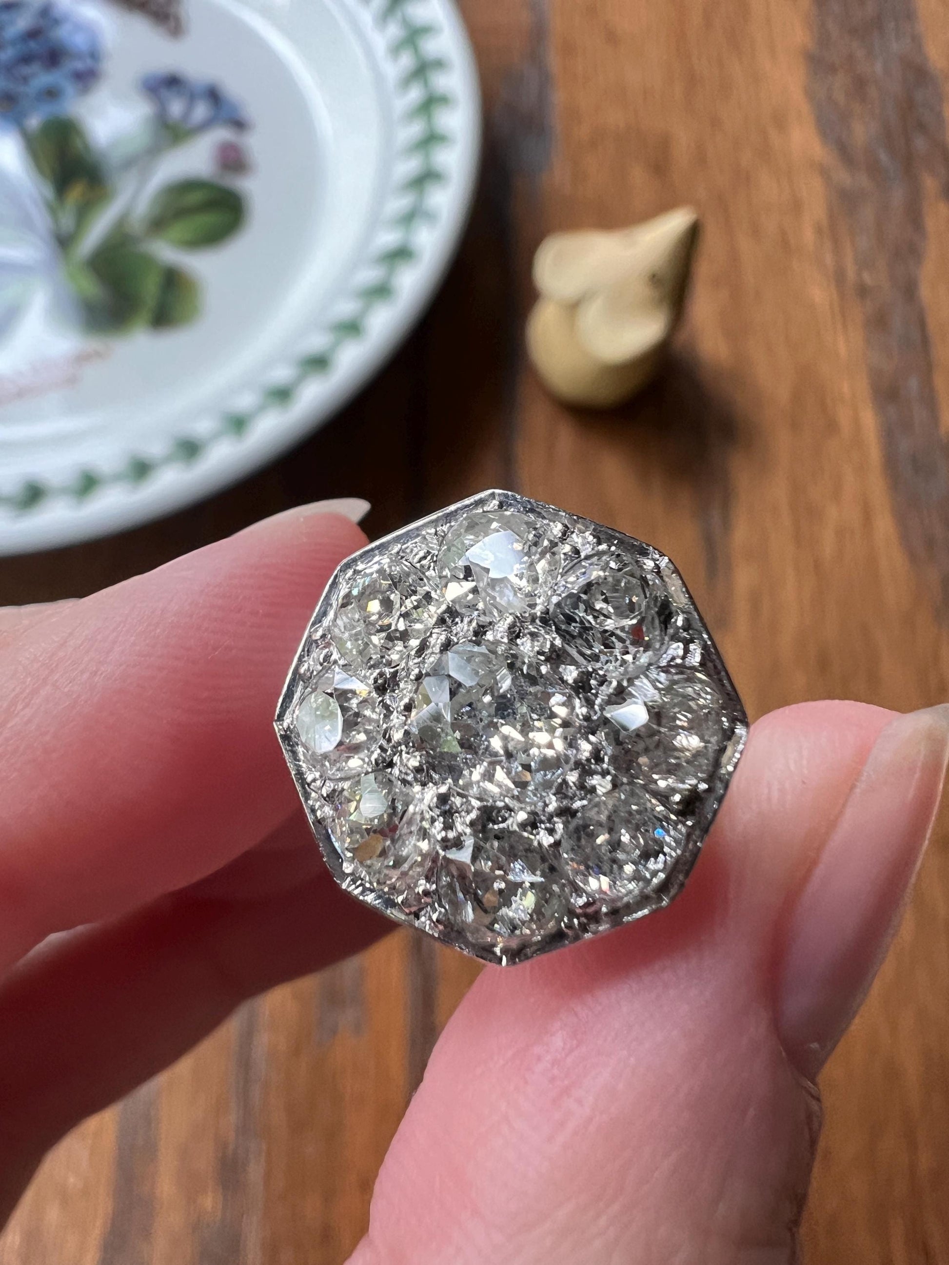 XL 2.7 Carat OCTAGON Shield French Antique PLATINUM Ring Old Mine Cut Diamonds Chunky Geometric Edwardian Cluster Romantic Gift 2.7Ctw OmC