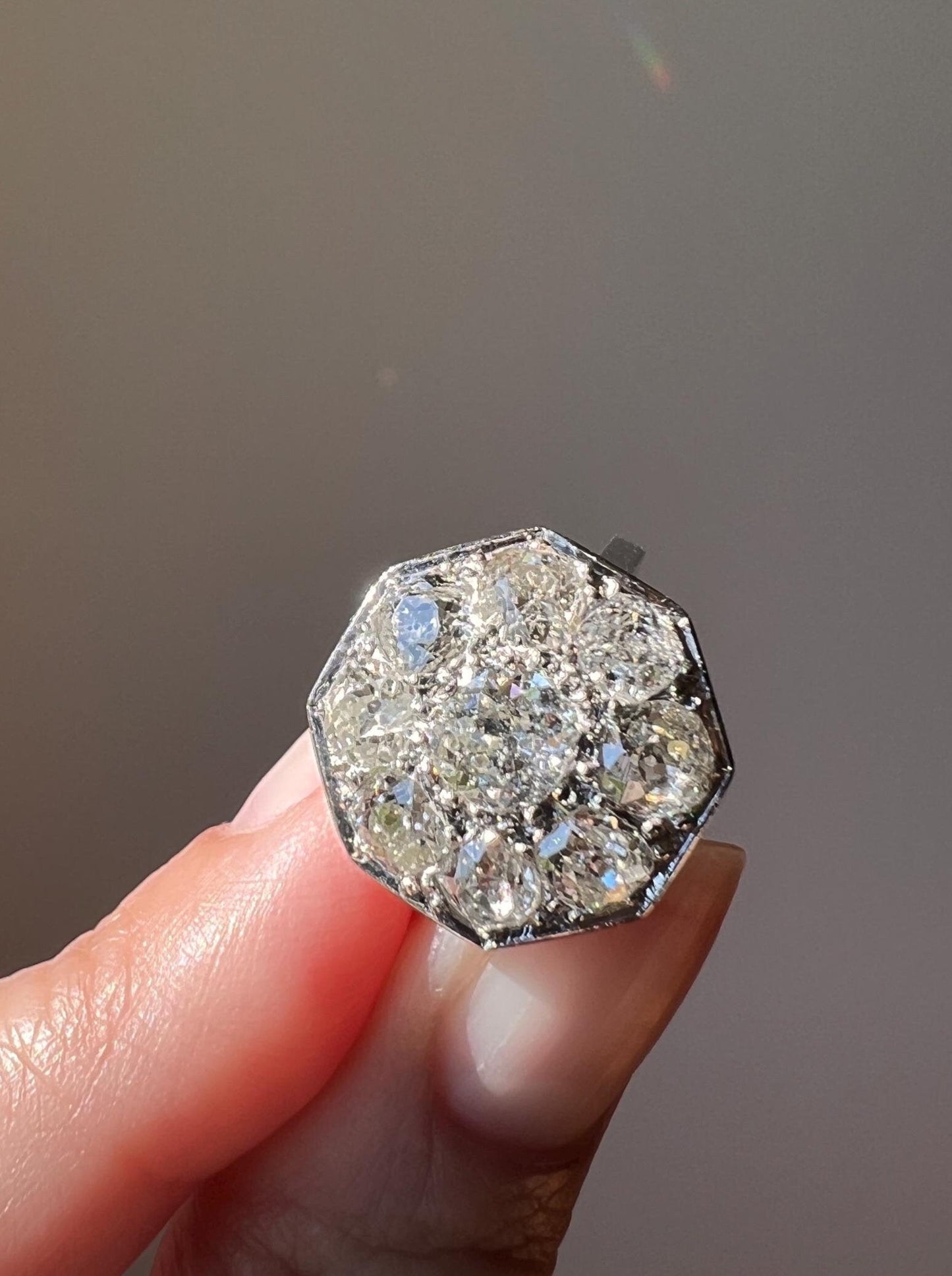 XL 2.7 Carat OCTAGON Shield French Antique PLATINUM Ring Old Mine Cut Diamonds Chunky Geometric Edwardian Cluster Romantic Gift 2.7Ctw OmC