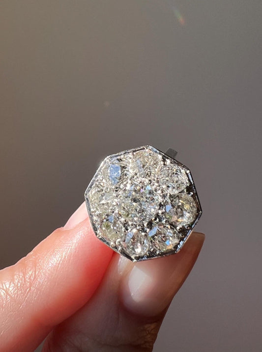 XL 2.7 Carat OCTAGON Shield French Antique PLATINUM Ring Old Mine Cut Diamonds Chunky Geometric Edwardian Cluster Romantic Gift 2.7Ctw OmC