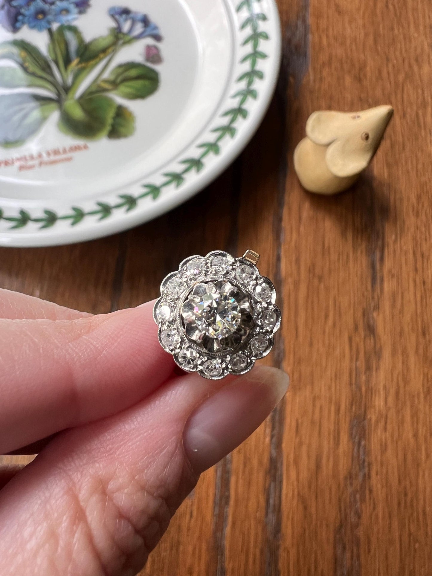 Antique Scalloped Daisy Cluster .7 Carat Diamond Halo Ring Transitional Old Single Cut French Art Deco PLATINUM 18k White Gold Romantic Gift