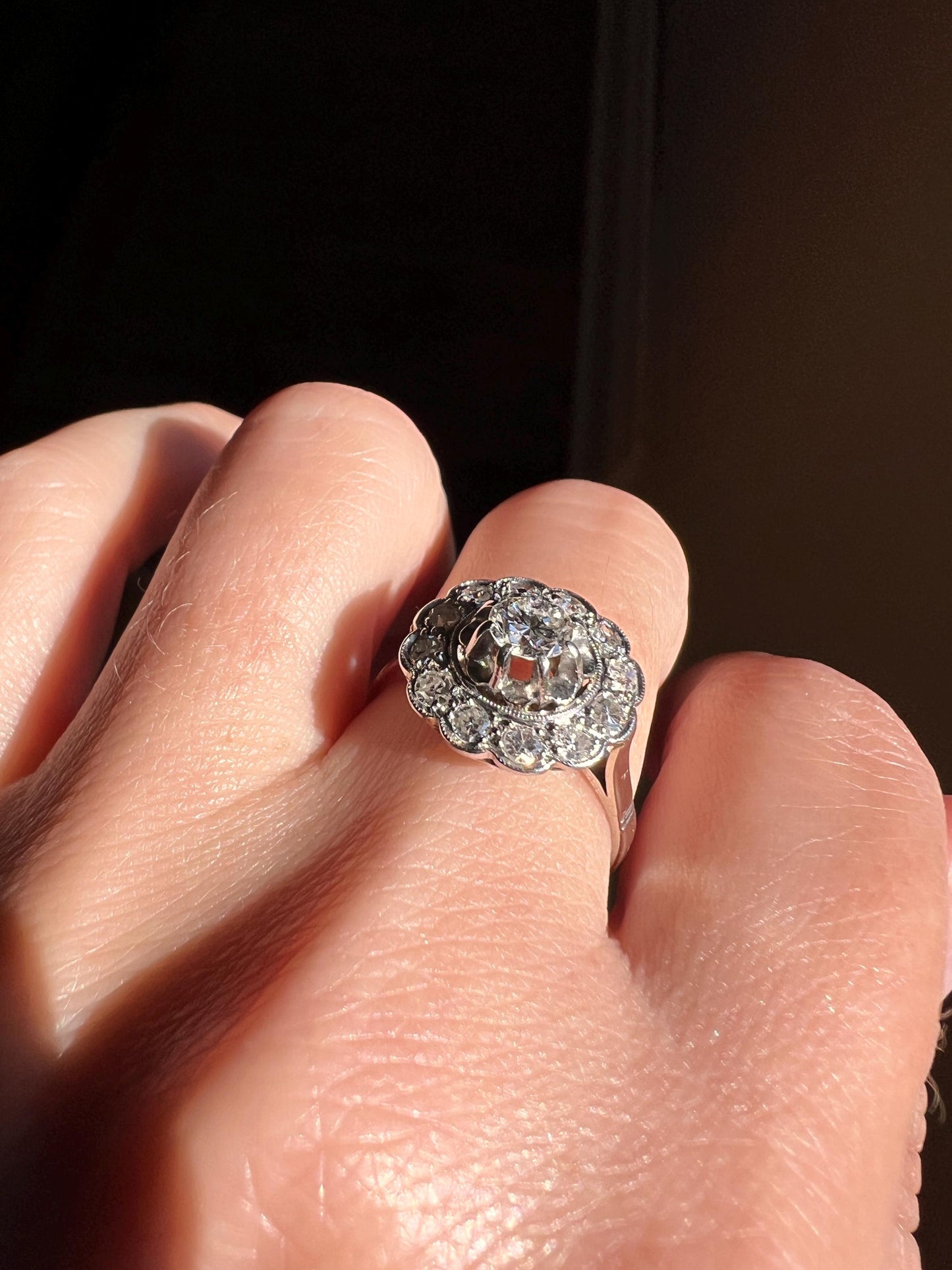 Antique Scalloped Daisy Cluster .7 Carat Diamond Halo Ring Transitional Old Single Cut French Art Deco PLATINUM 18k White Gold Romantic Gift