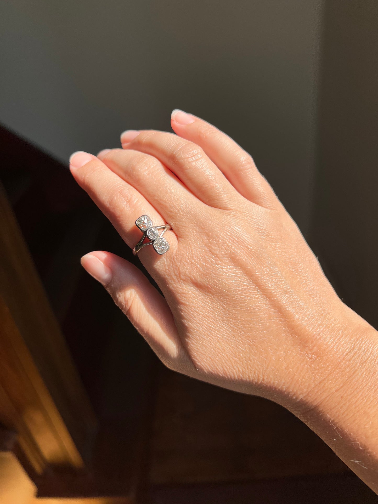 Three Stone 1.75 CARAT Old Mine Cut DIAMOND French Antique 18k White Gold Ring Stacker Belle Epoque Romantic Gift OMC Art Deco 1 3/4 1.75Ctw