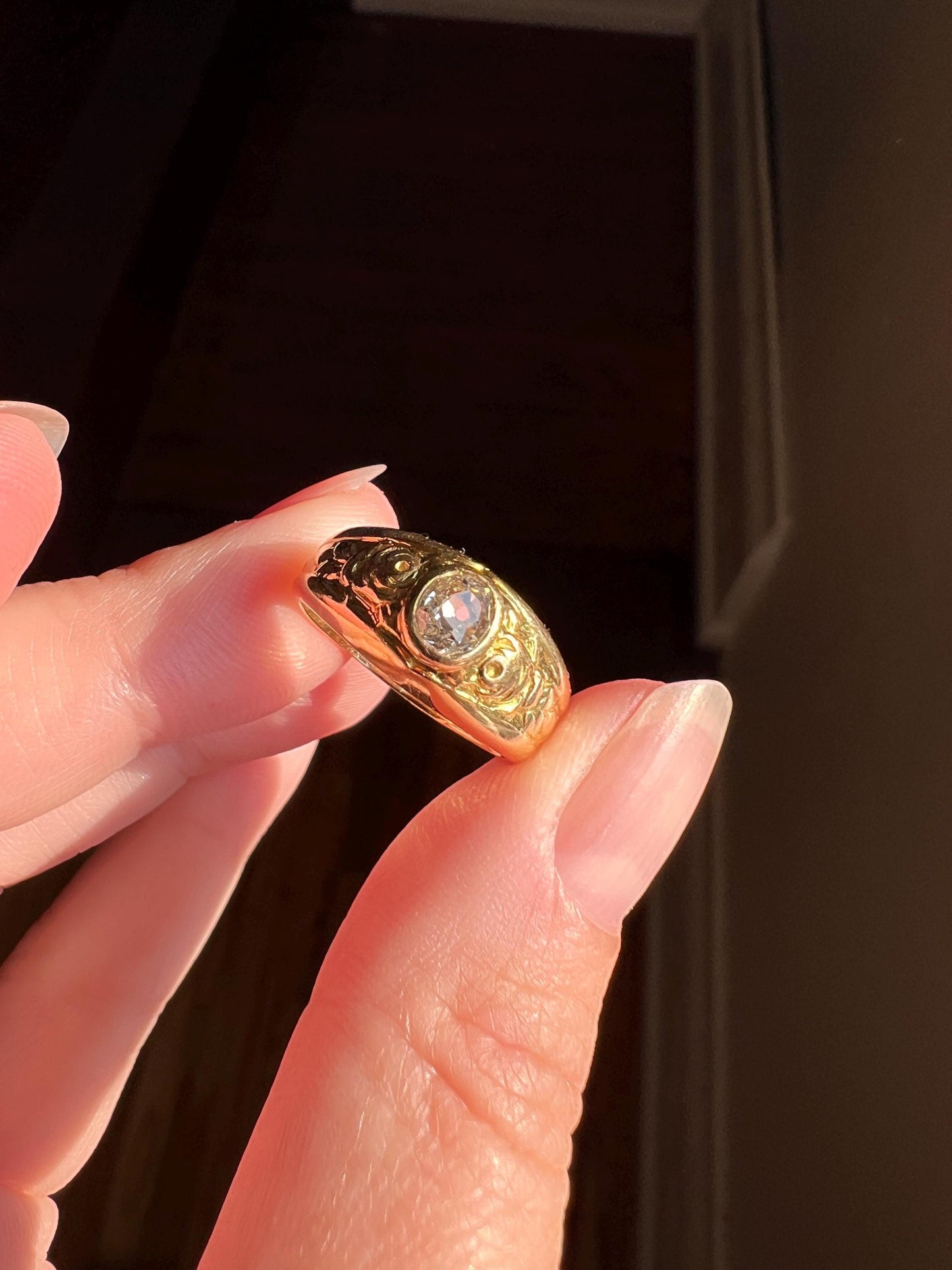 ROSES .33 Carat Old Mine Cut DIAMOND Floral GYPSY Ring Wide Band Antique 18k Gold Stacker French Belle Epoque Romantic Gift Love Wedding OmC