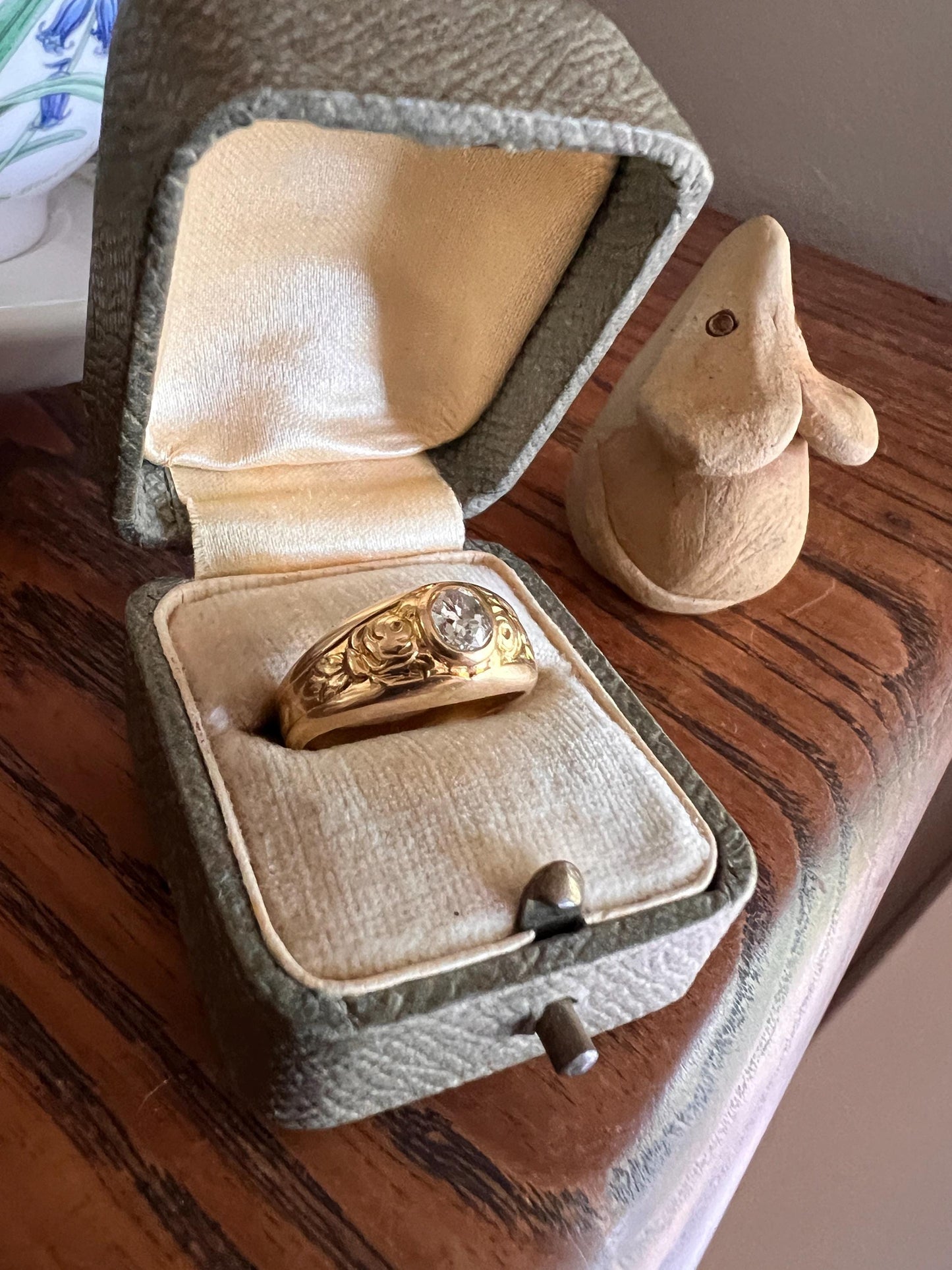 ROSES .33 Carat Old Mine Cut DIAMOND Floral GYPSY Ring Wide Band Antique 18k Gold Stacker French Belle Epoque Romantic Gift Love Wedding OmC
